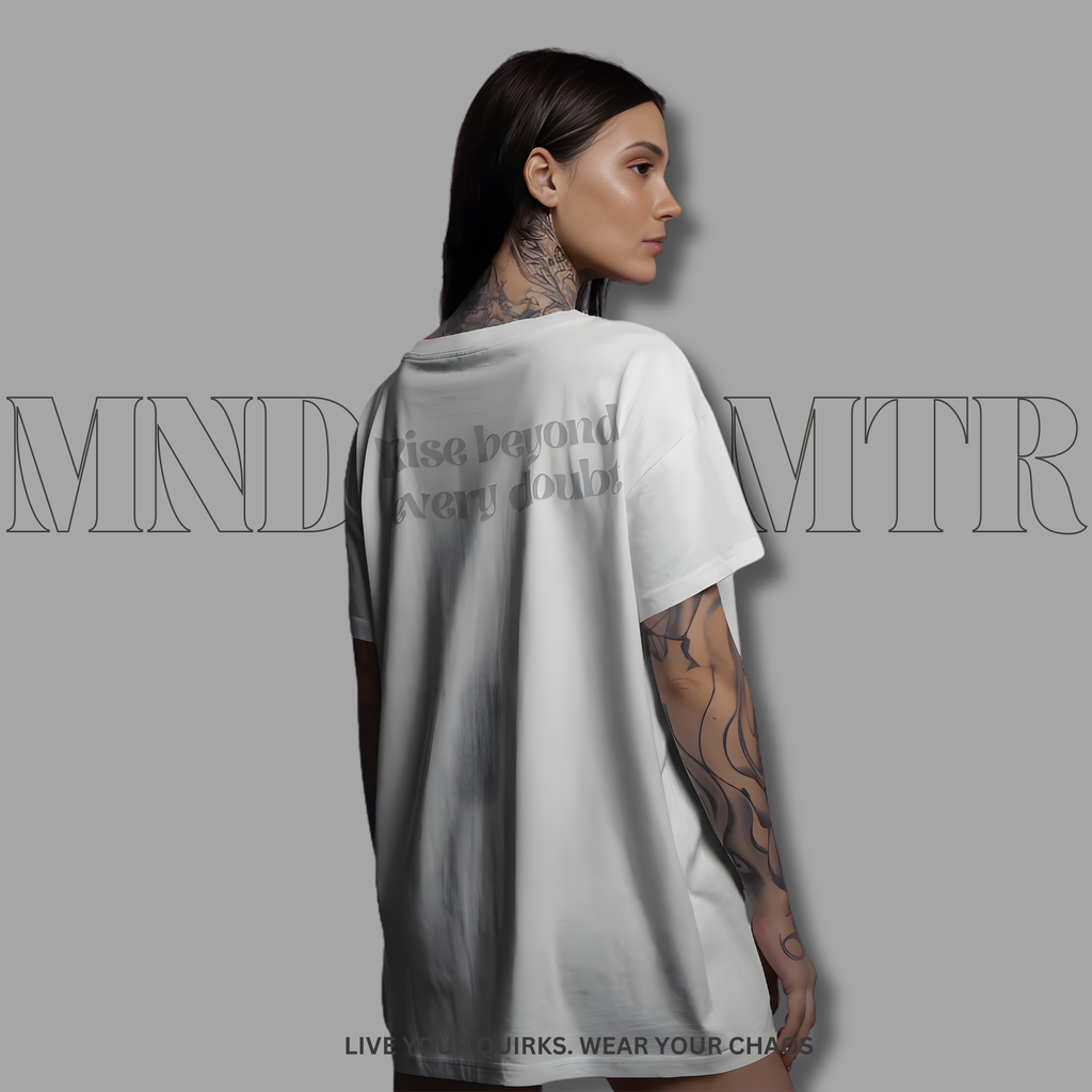 MNDOVRMTR™ Rise Beyond Every Doubt unisex shirt in white - back print detail