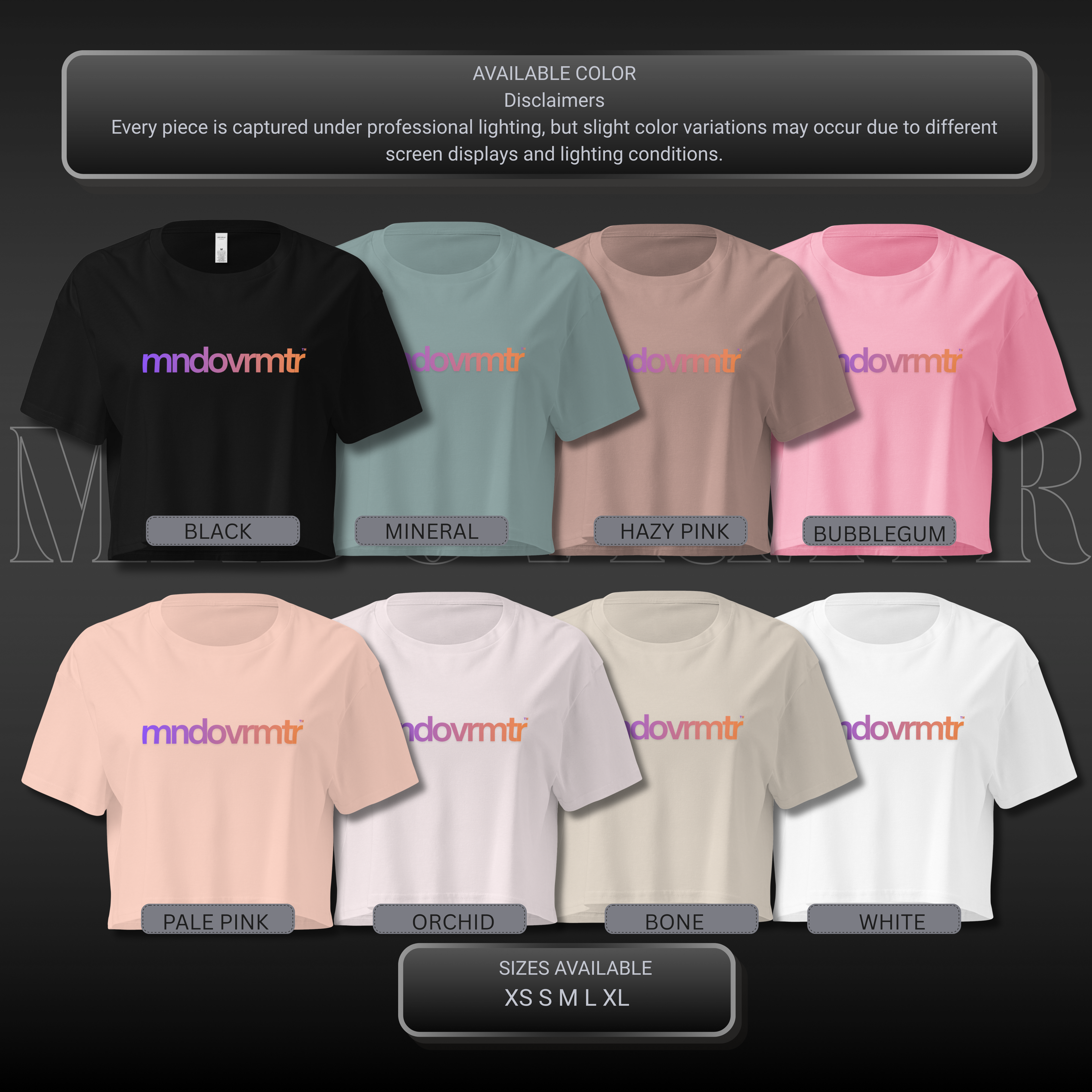 MNDOVRMTR™ gradient crop tee - available colors mockup, streetwear crop top