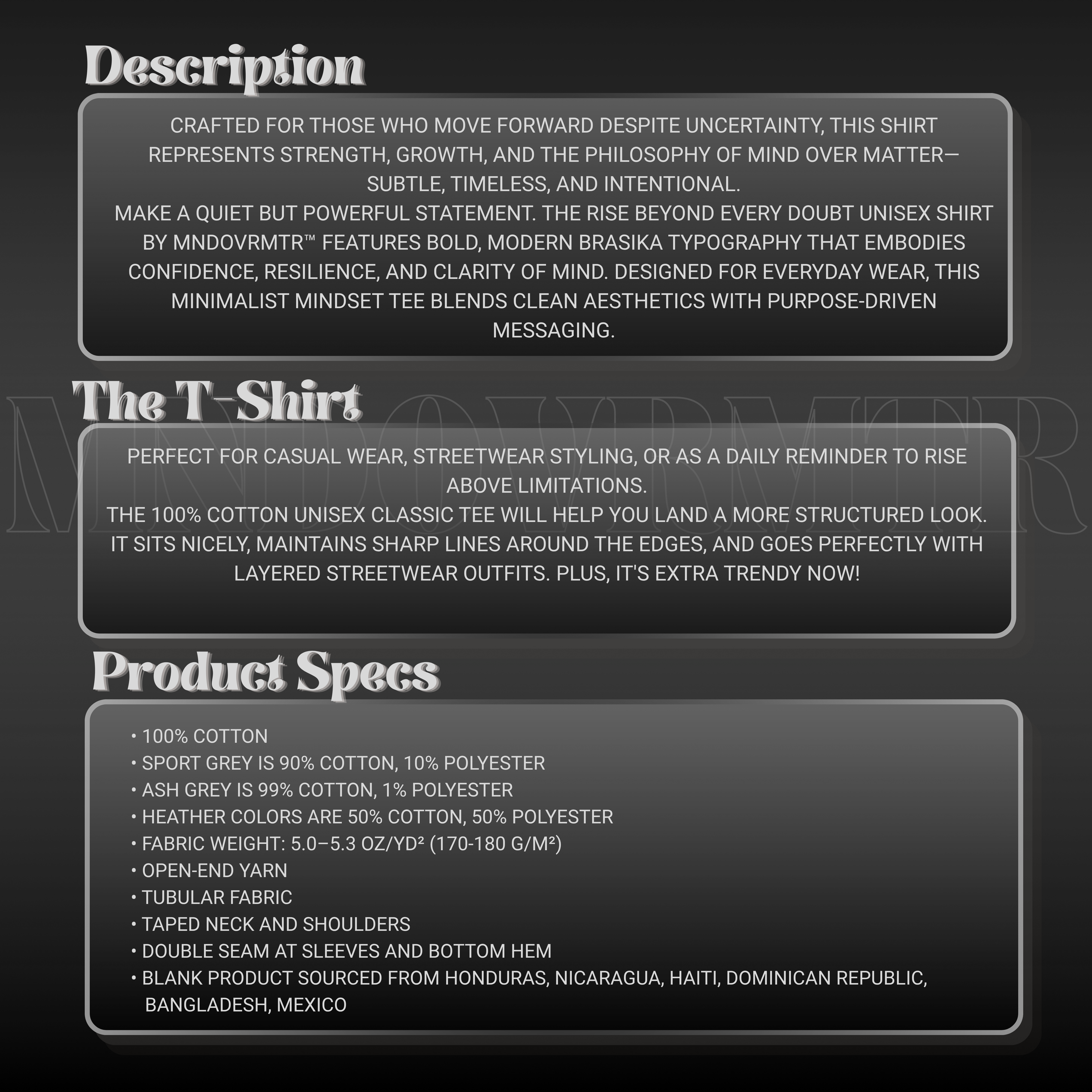 MNDOVRMTR™ Rise Beyond Every Doubt shirt - product description and specs, streetwear tee