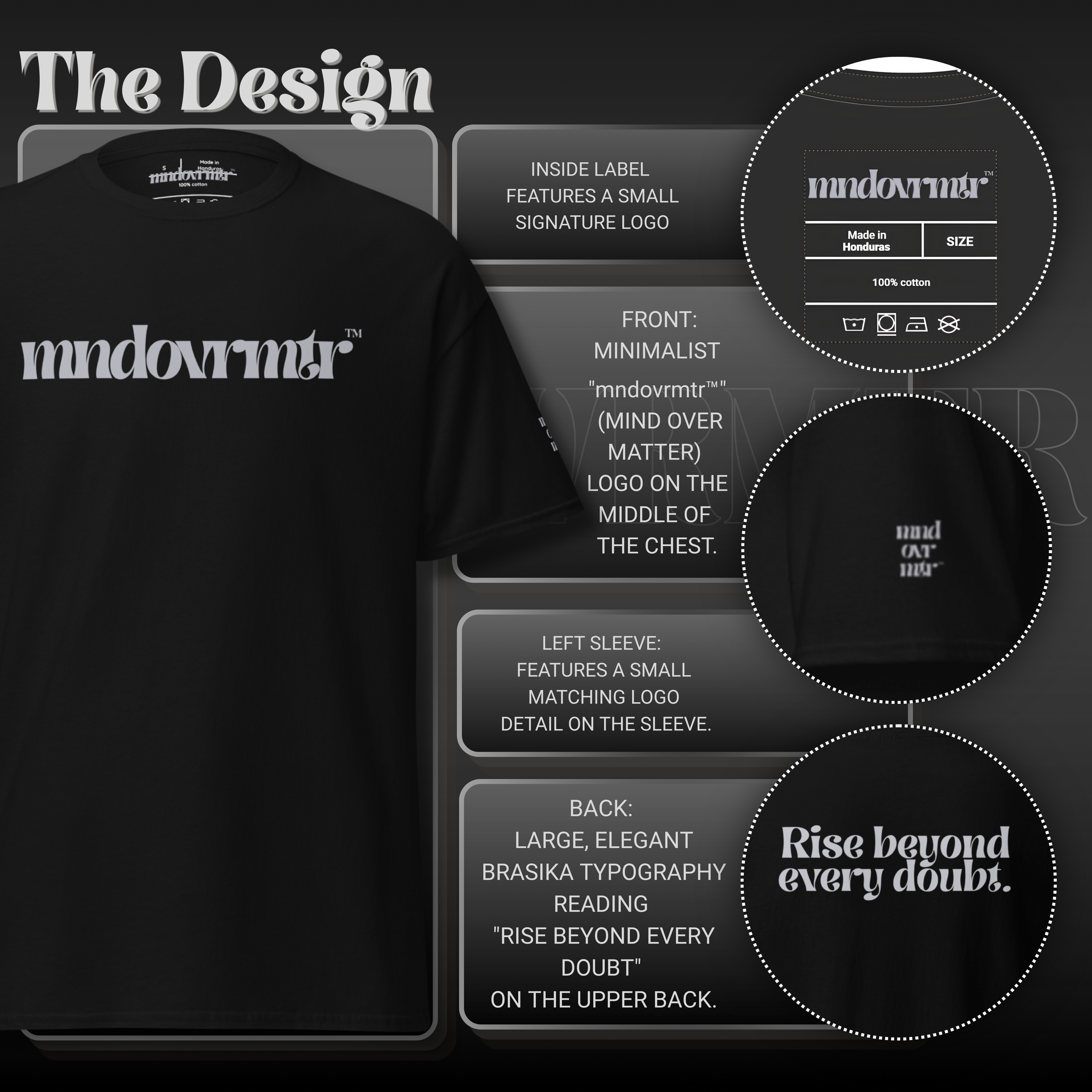 MNDOVRMTR™ Rise Beyond Every Doubt shirt - Gildan 100% cotton unisex tee, branding detail