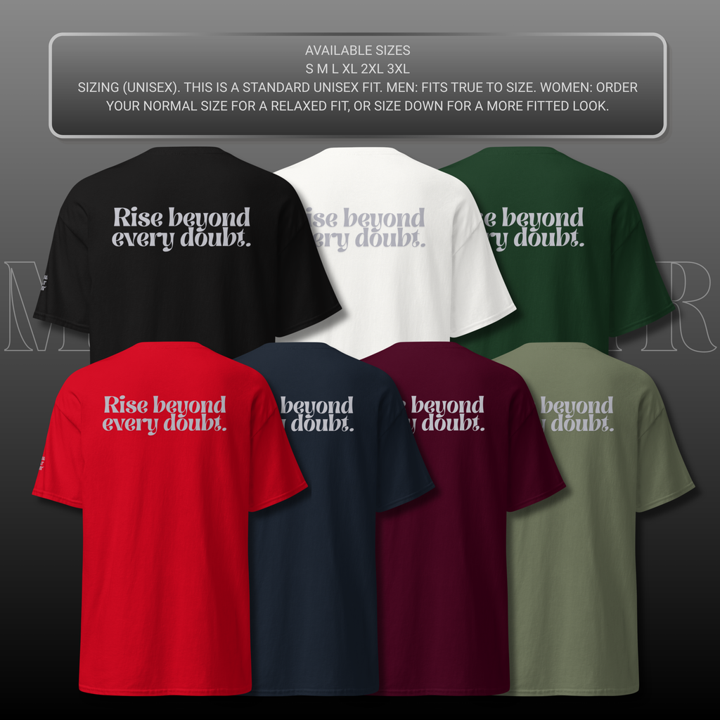MNDOVRMTR™ Rise Beyond Every Doubt shirt - back print colorway mockup, mindset tee