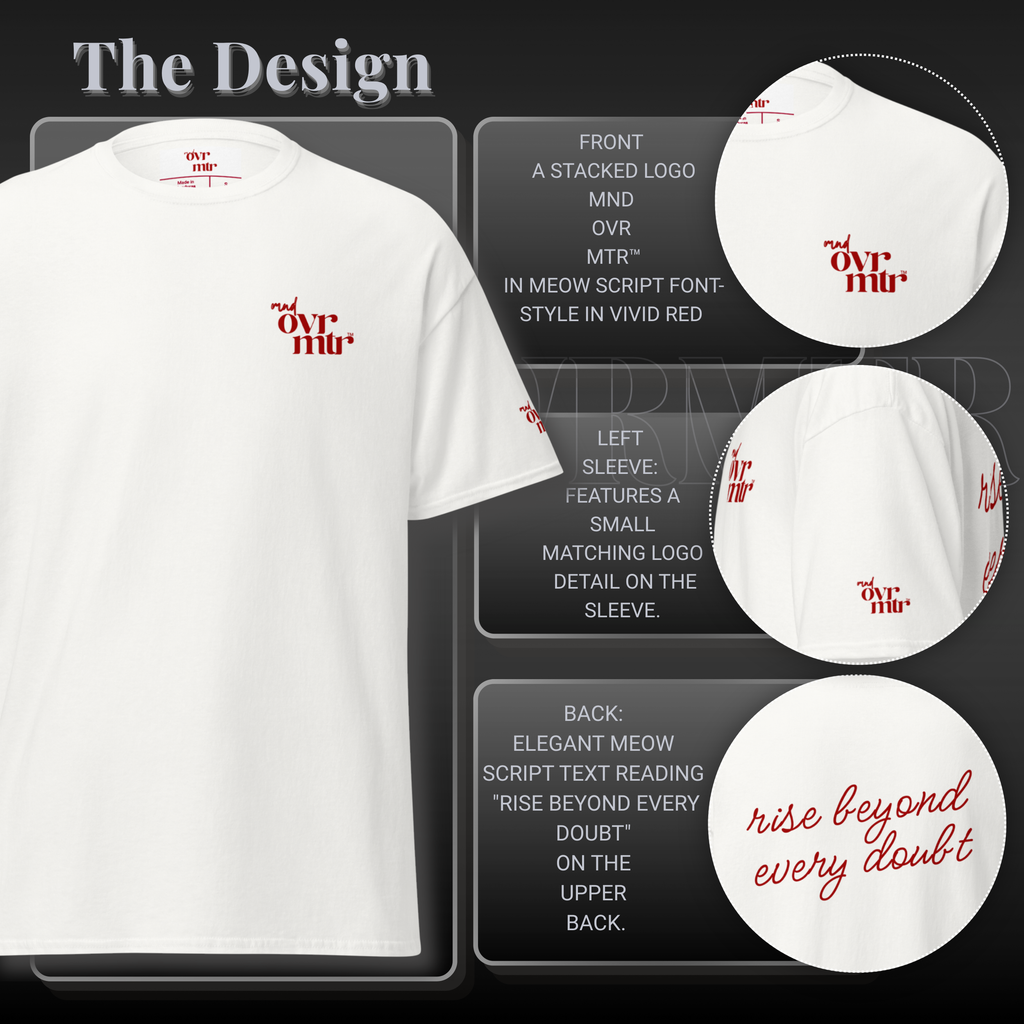 MNDOVRMTR™ stacked logo t-shirt in white - stacked red chest logo detail, 100% cotton tee