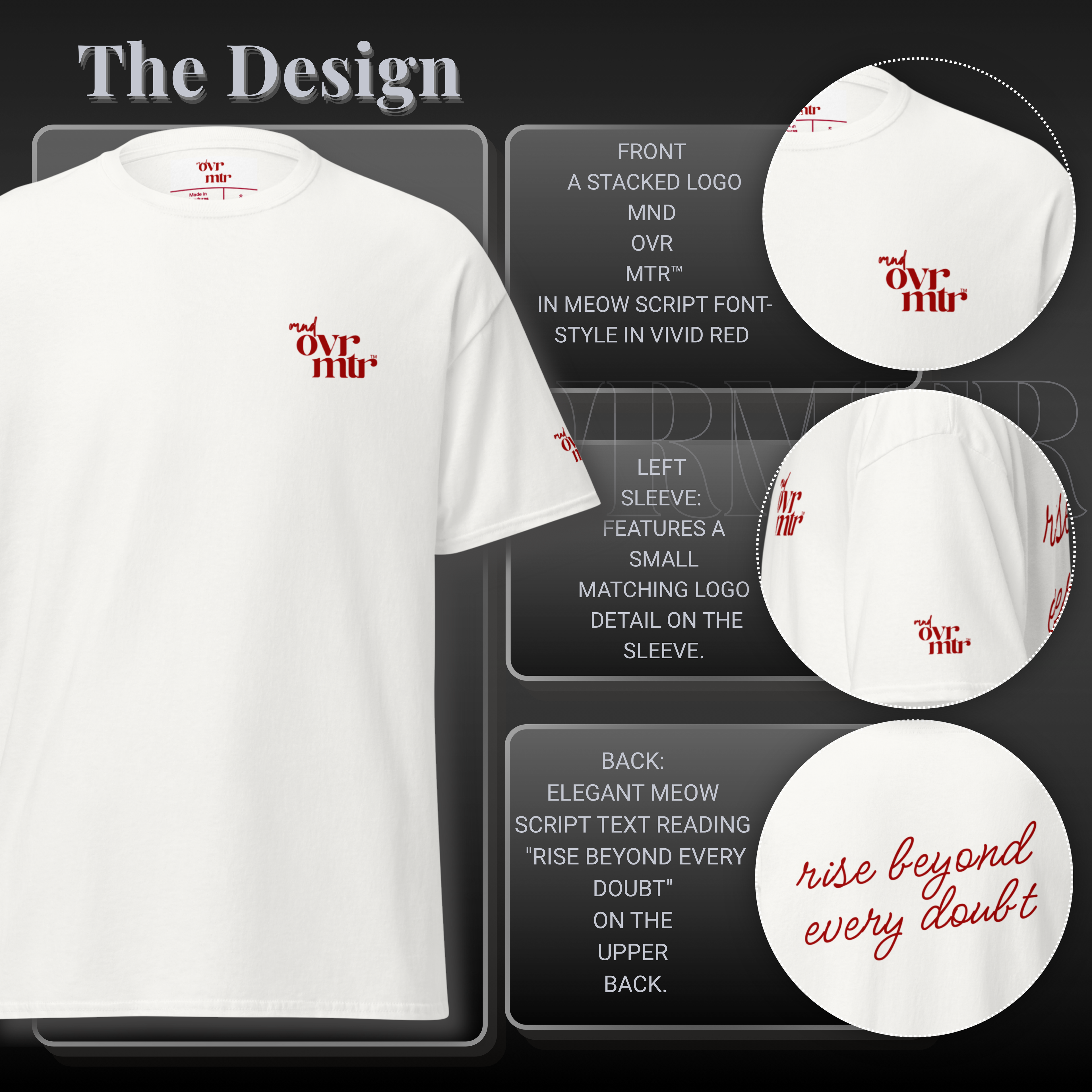 MNDOVRMTR™ stacked logo t-shirt in white - stacked red chest logo detail, 100% cotton tee