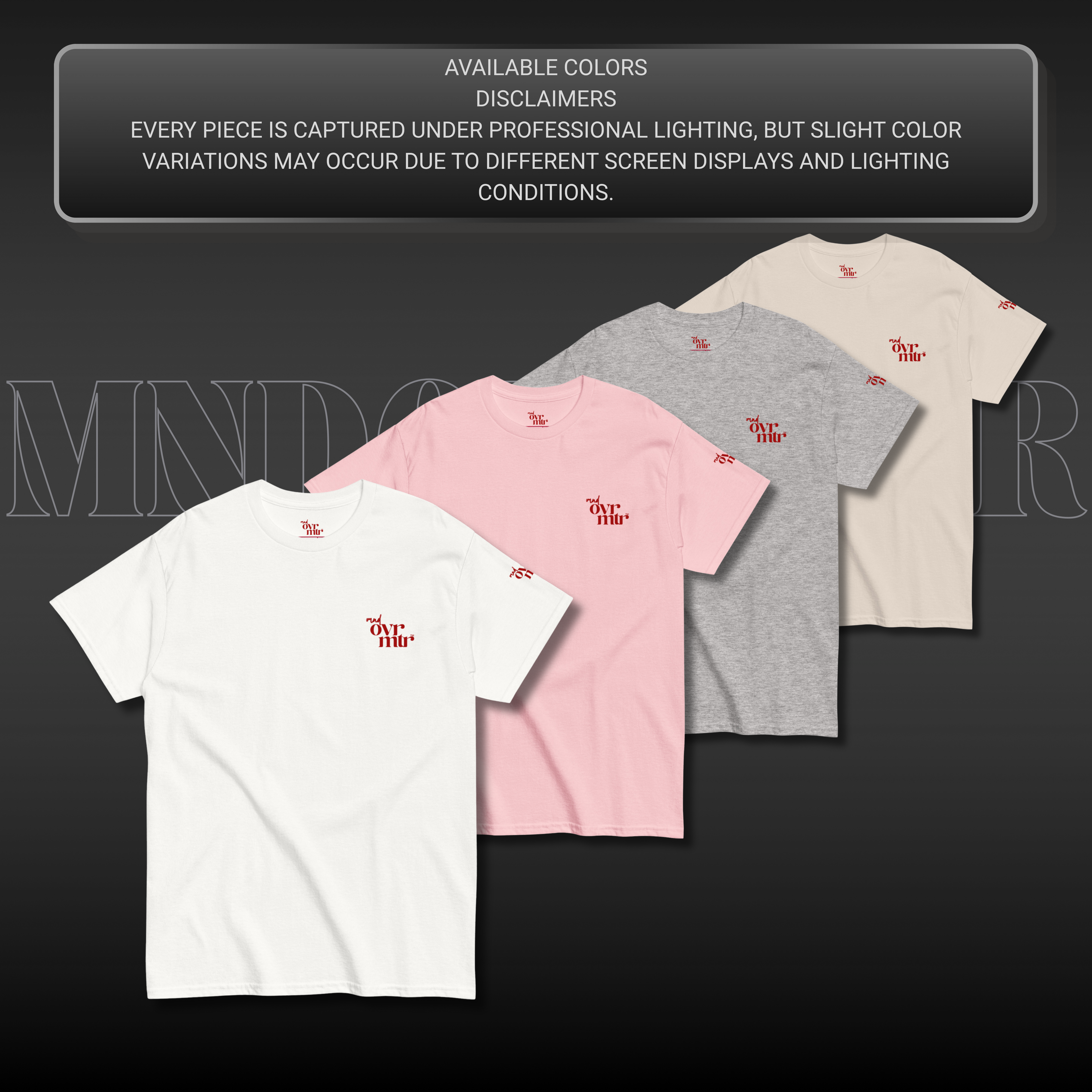 MNDOVRMTR™ stacked logo t-shirt - available colors mockup, unisex streetwear tee