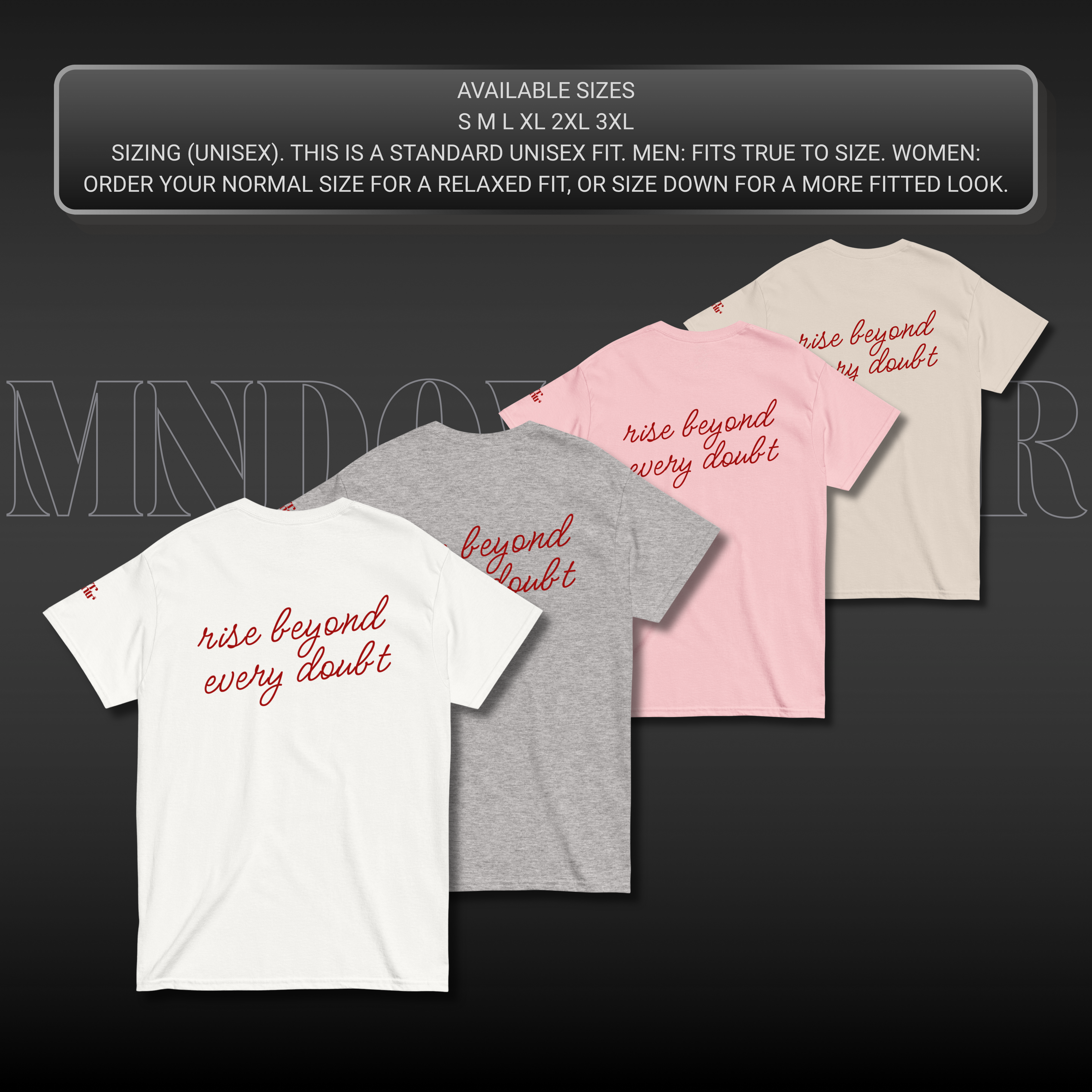 MNDOVRMTR™ stacked logo t-shirt - size chart and fit guide, streetwear tee