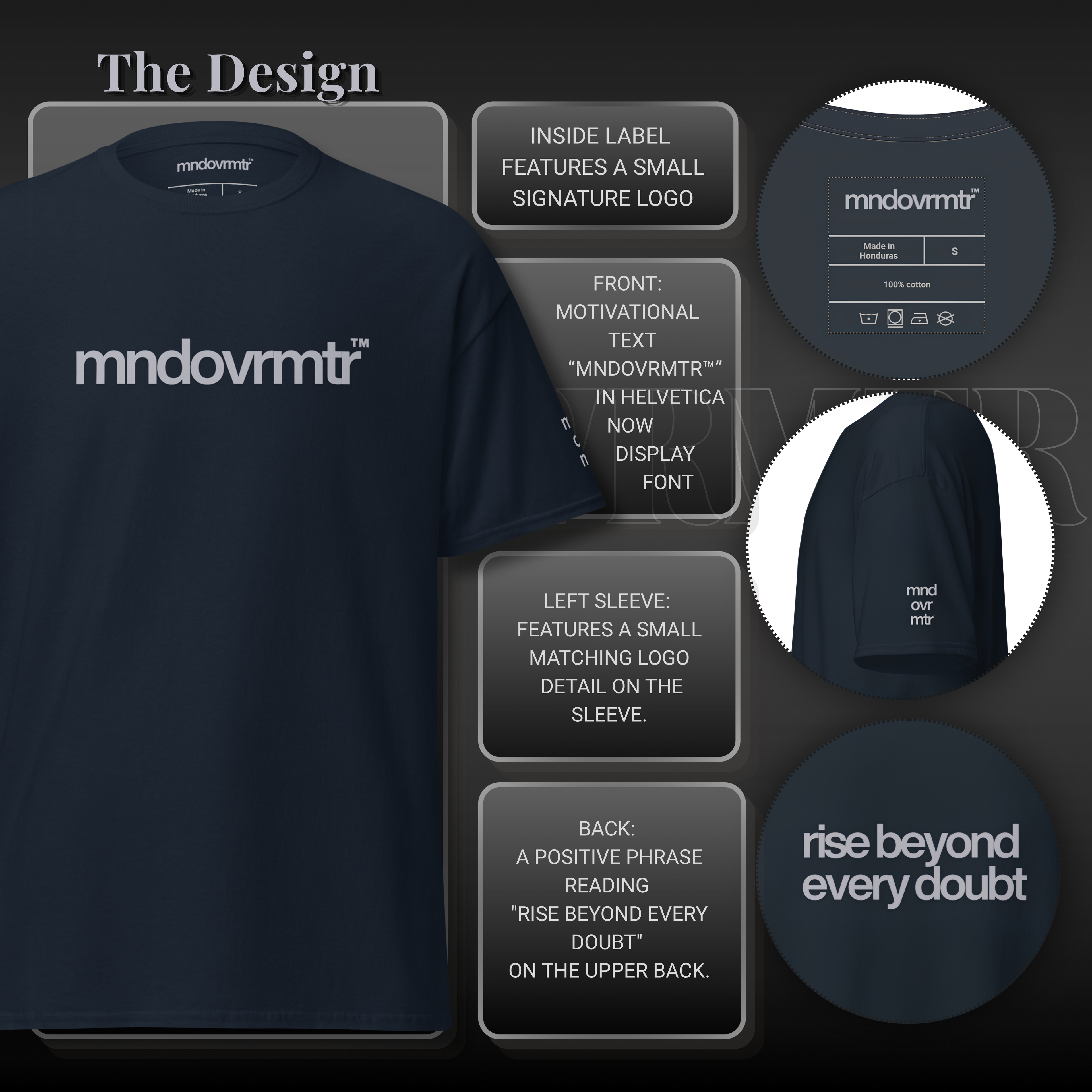 MNDOVRMTR™ 100% cotton t-shirt - front chest logo and Rise Beyond Every Doubt back print detail
