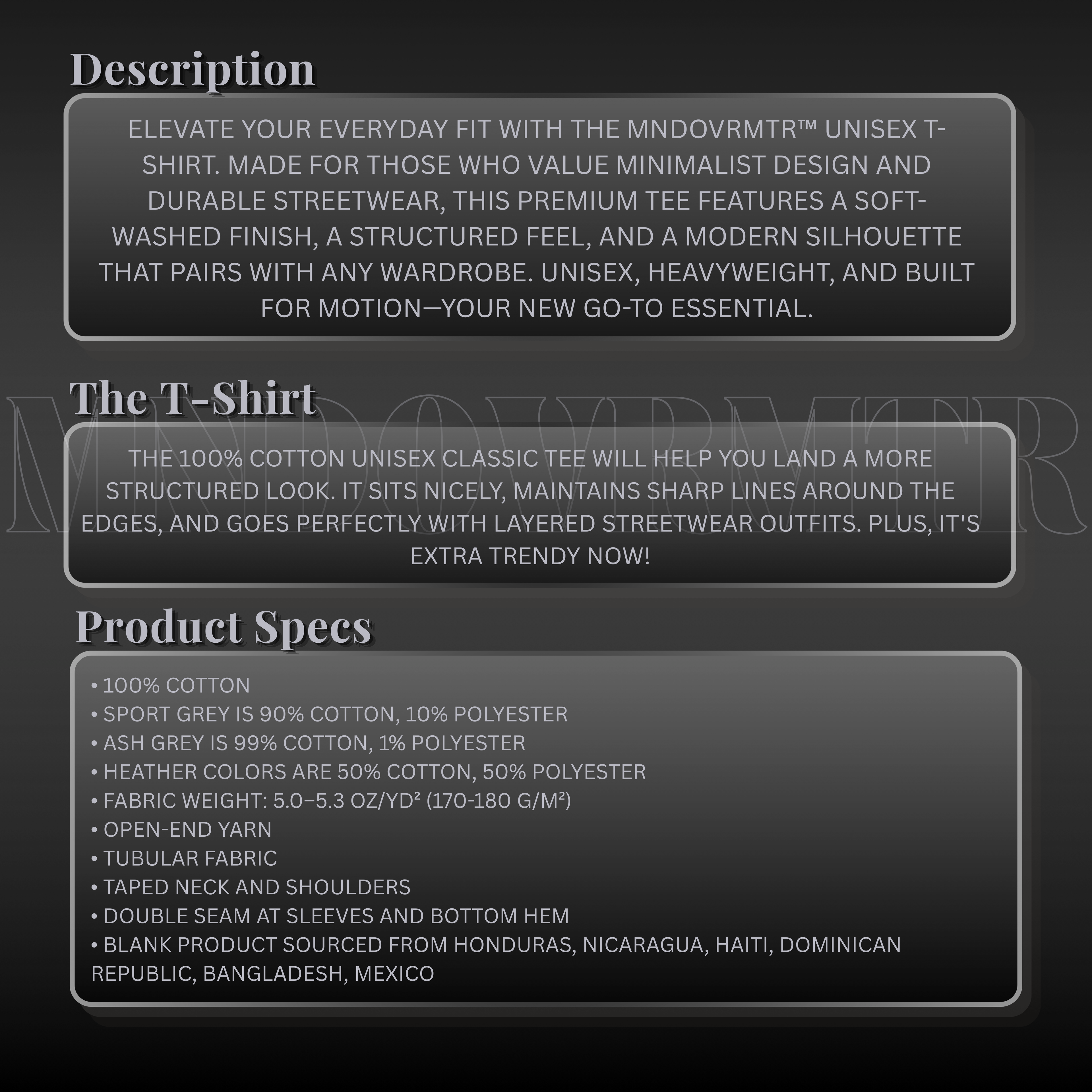 MNDOVRMTR™ 100% cotton t-shirt - product description and specs, premium streetwear tee