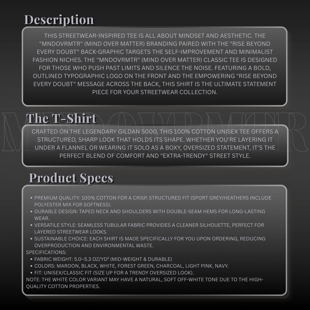 MNDOVRMTR™ minimalist t-shirt - size chart and fit guide, streetwear tee