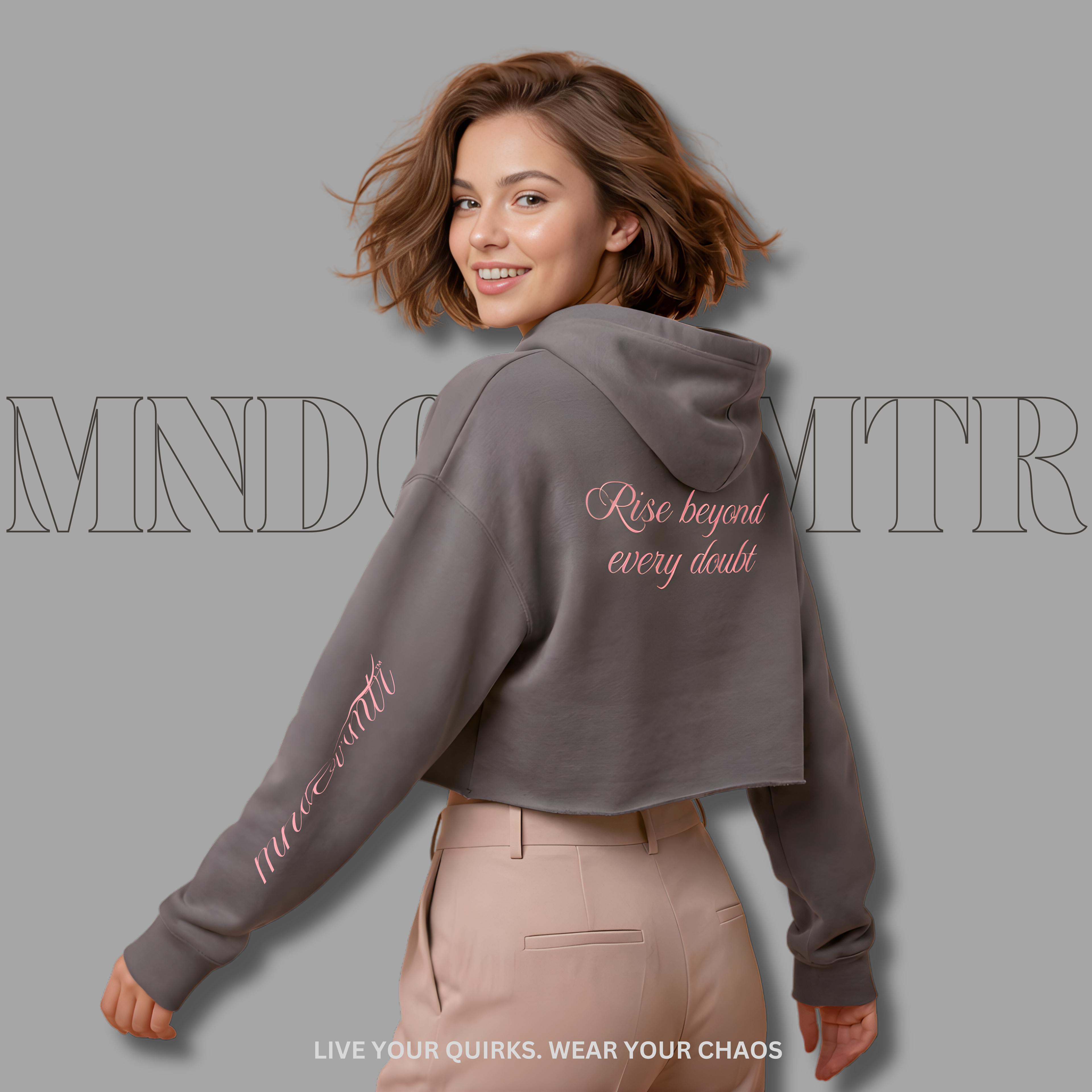 MNDOVRMTR Sexy Crop Hoodie in Storm — Mind Over Matter chest and back script and sleeve print, cropped streetwear hoodie