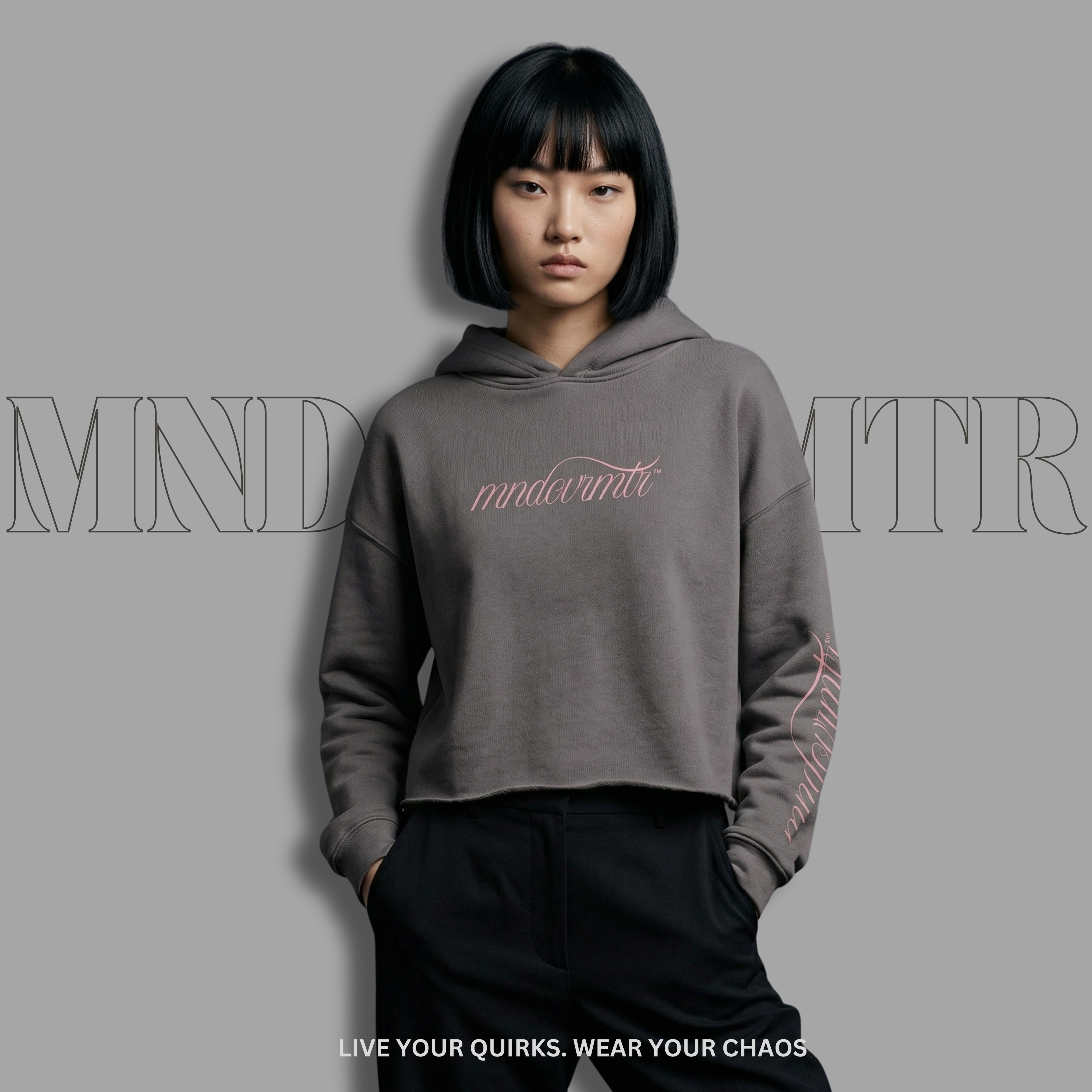 MNDOVRMTR Sexy Crop Hoodie in Storm — Mind Over Matter chest script and sleeve print, cropped streetwear hoodie