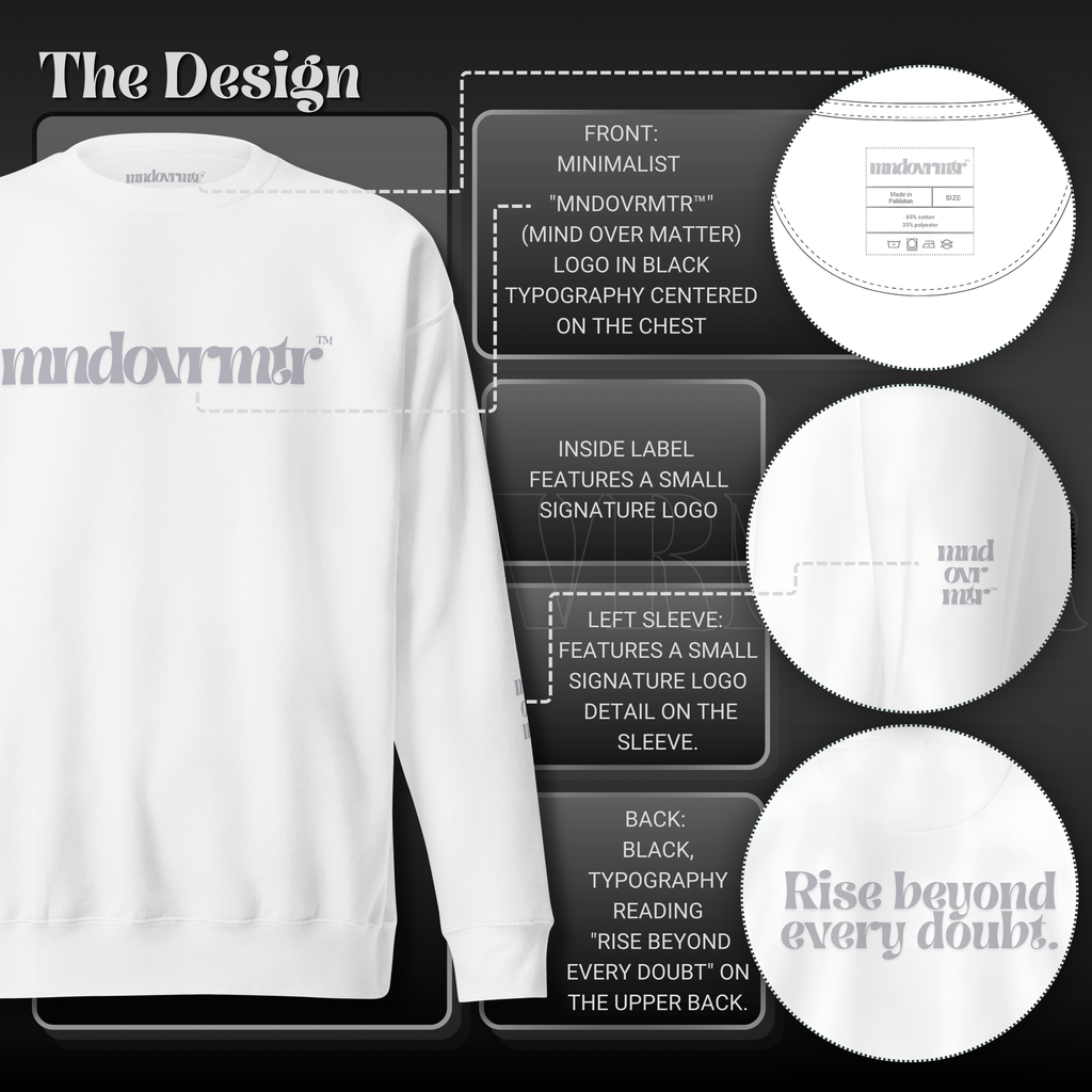 MNDOVRMTR™ premium streetwear sweatshirt in white - chest logo, sleeve, and back print detail