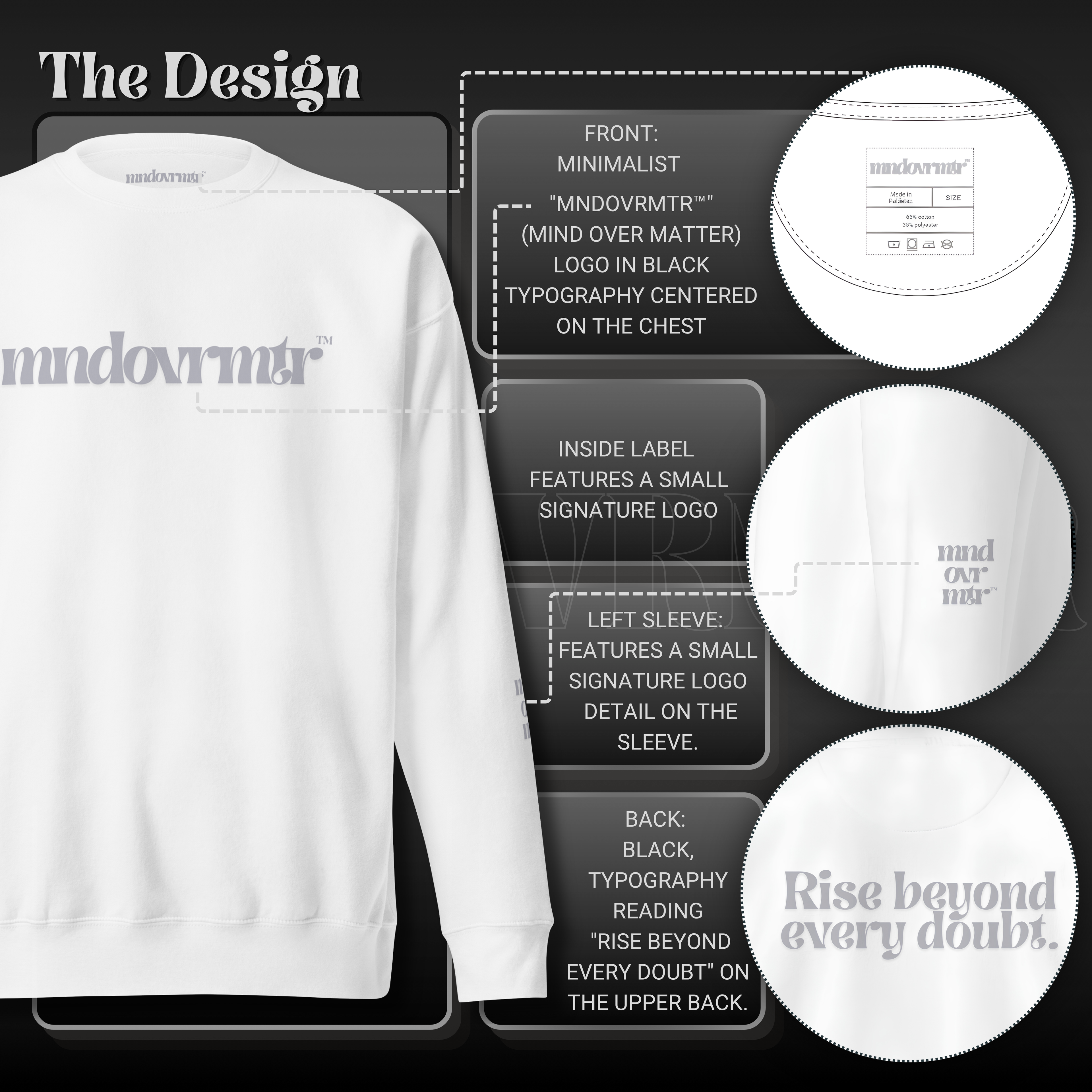 MNDOVRMTR™ premium streetwear sweatshirt in white - chest logo, sleeve, and back print detail