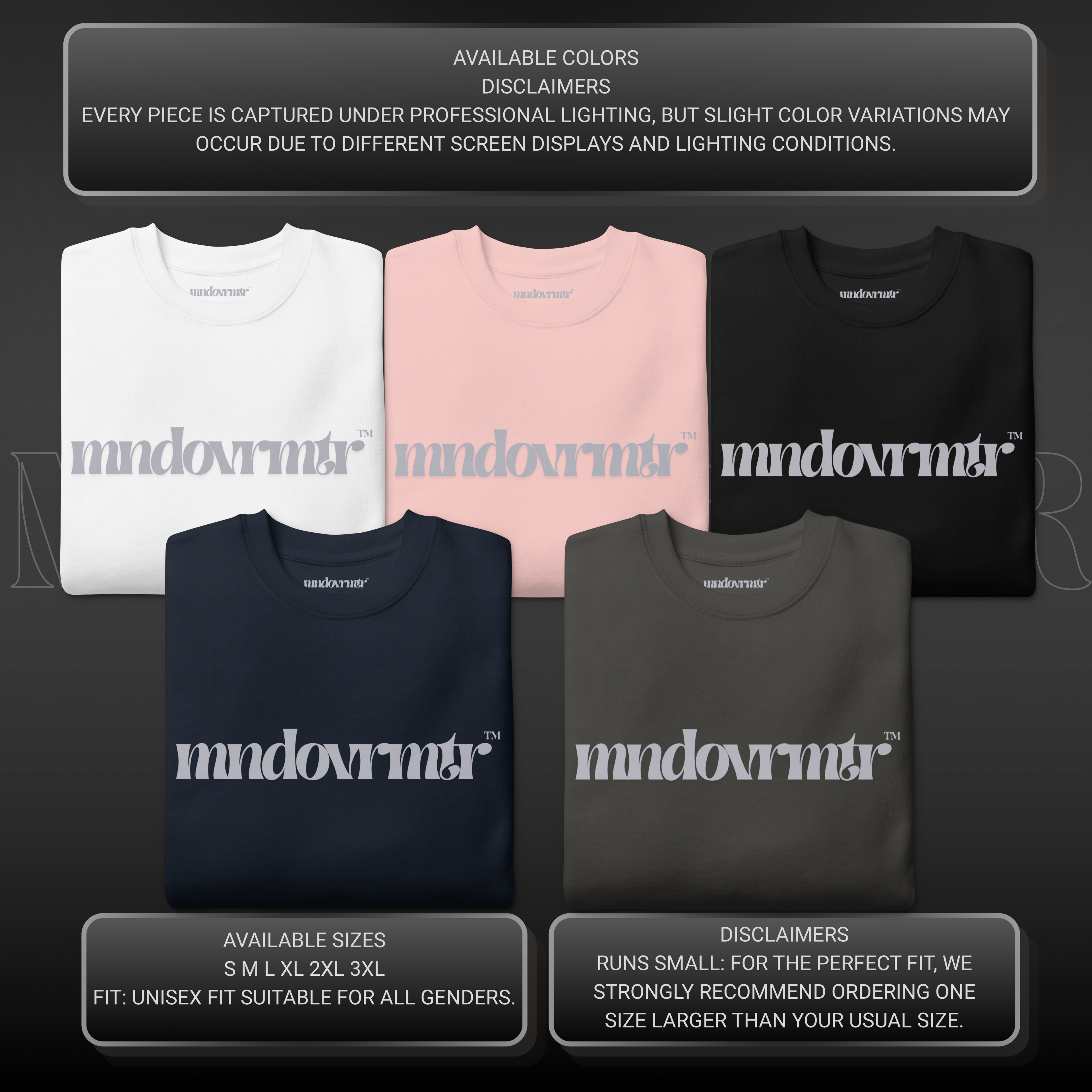 MNDOVRMTR™ premium streetwear sweatshirt - available colors mockup, unisex crewneck
