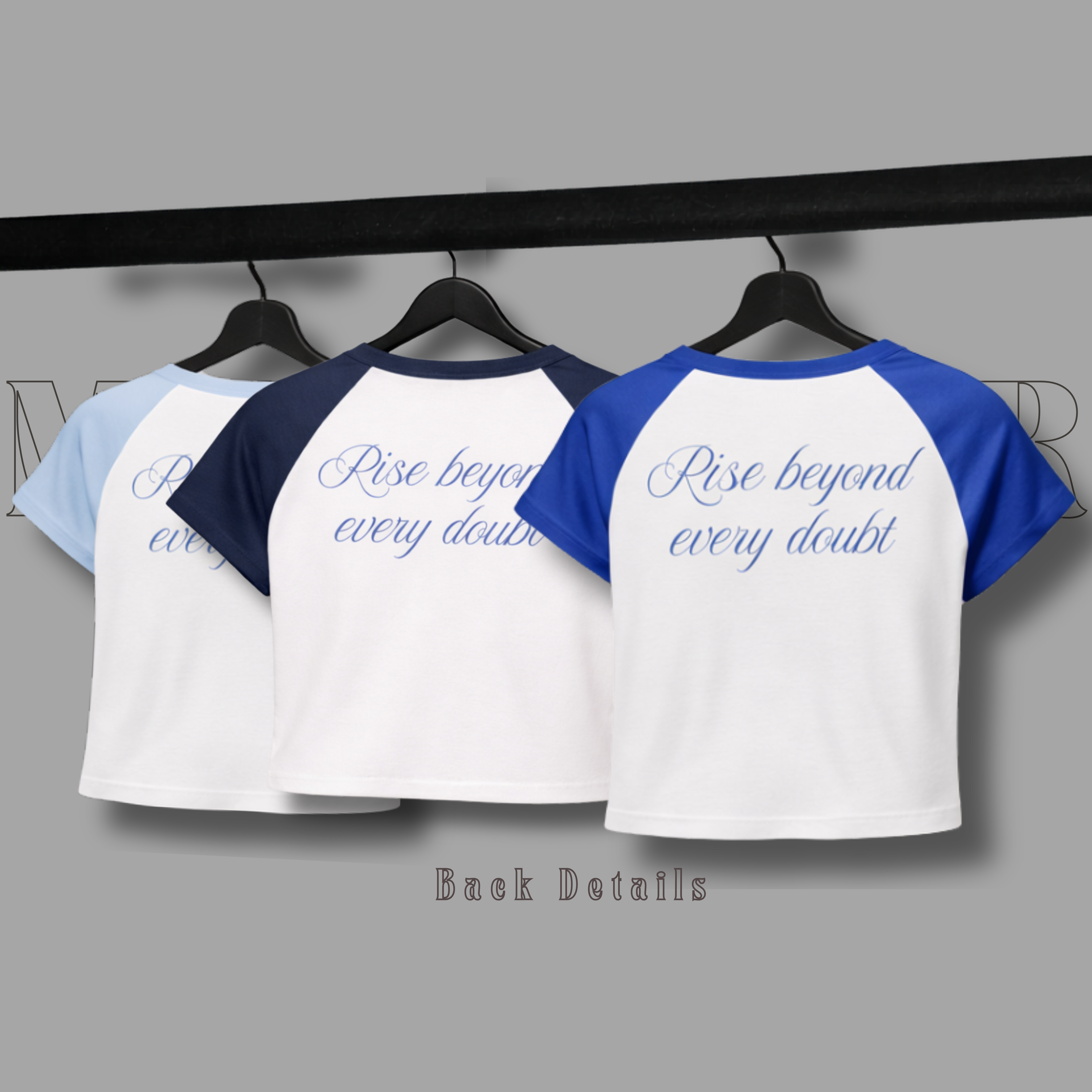 MNDOVRMTR Raglan Crop Top - Rise Beyond Every Doubt Script Tee