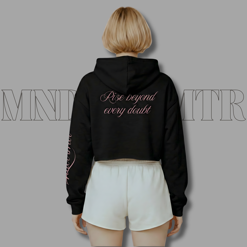 MNDOVRMTR Sexy Crop Hoodie - Mind Over Matter Sleeve Print & Back Quote