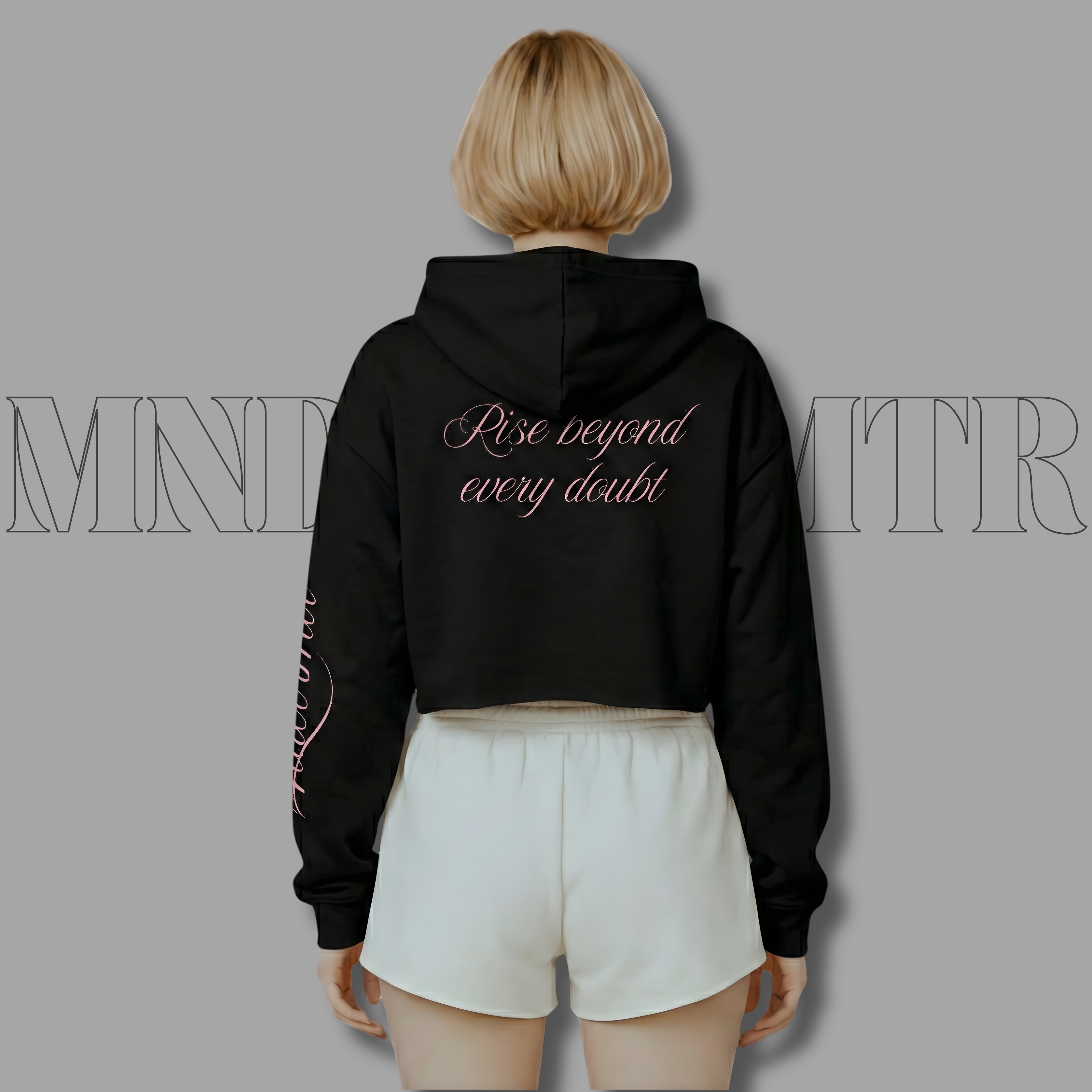 MNDOVRMTR Sexy Crop Hoodie - Mind Over Matter Sleeve Print & Back Quote