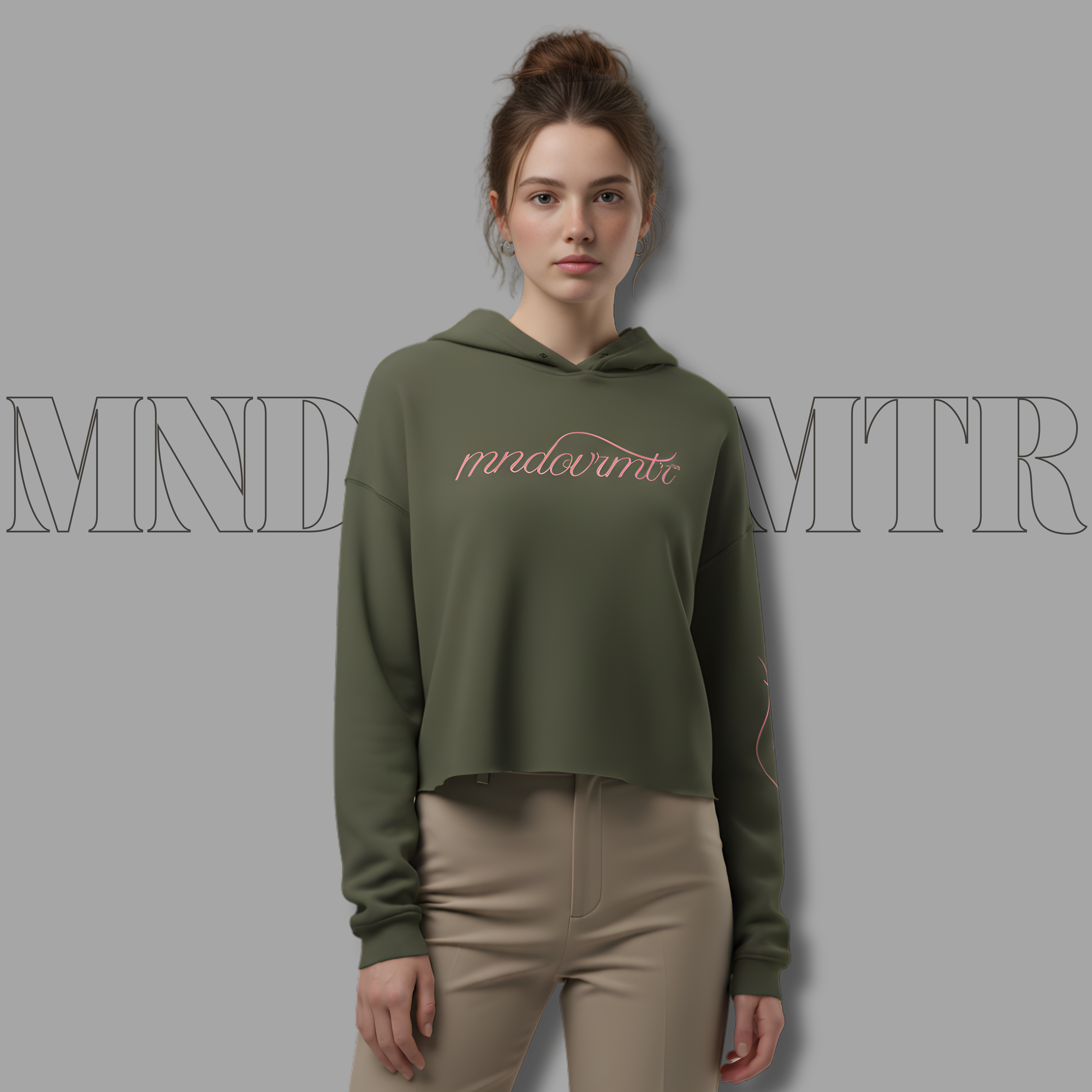 MNDOVRMTR Sexy Crop Hoodie - Mind Over Matter Sleeve Print & Back Quote