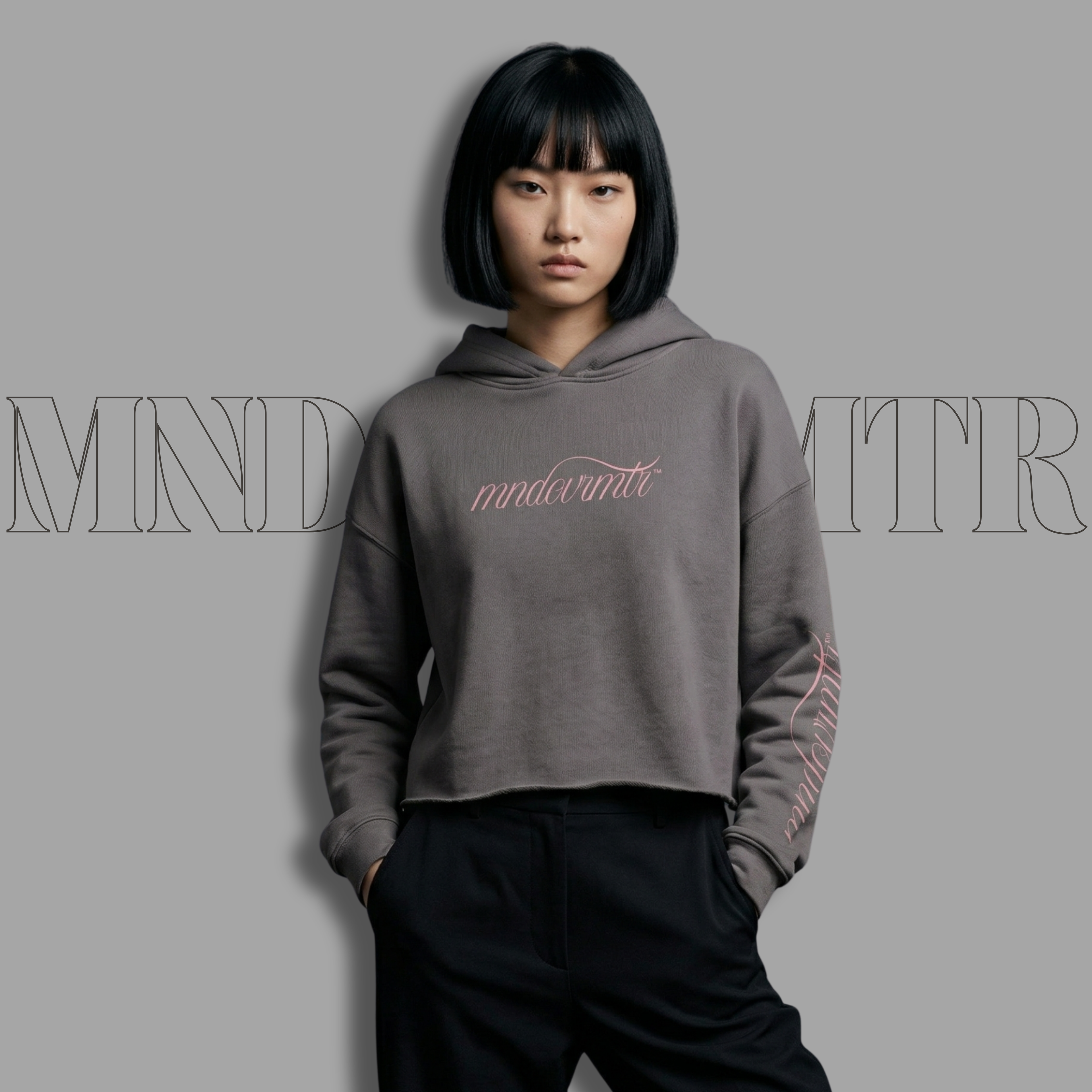 MNDOVRMTR Sexy Crop Hoodie - Mind Over Matter Sleeve Print & Back Quote