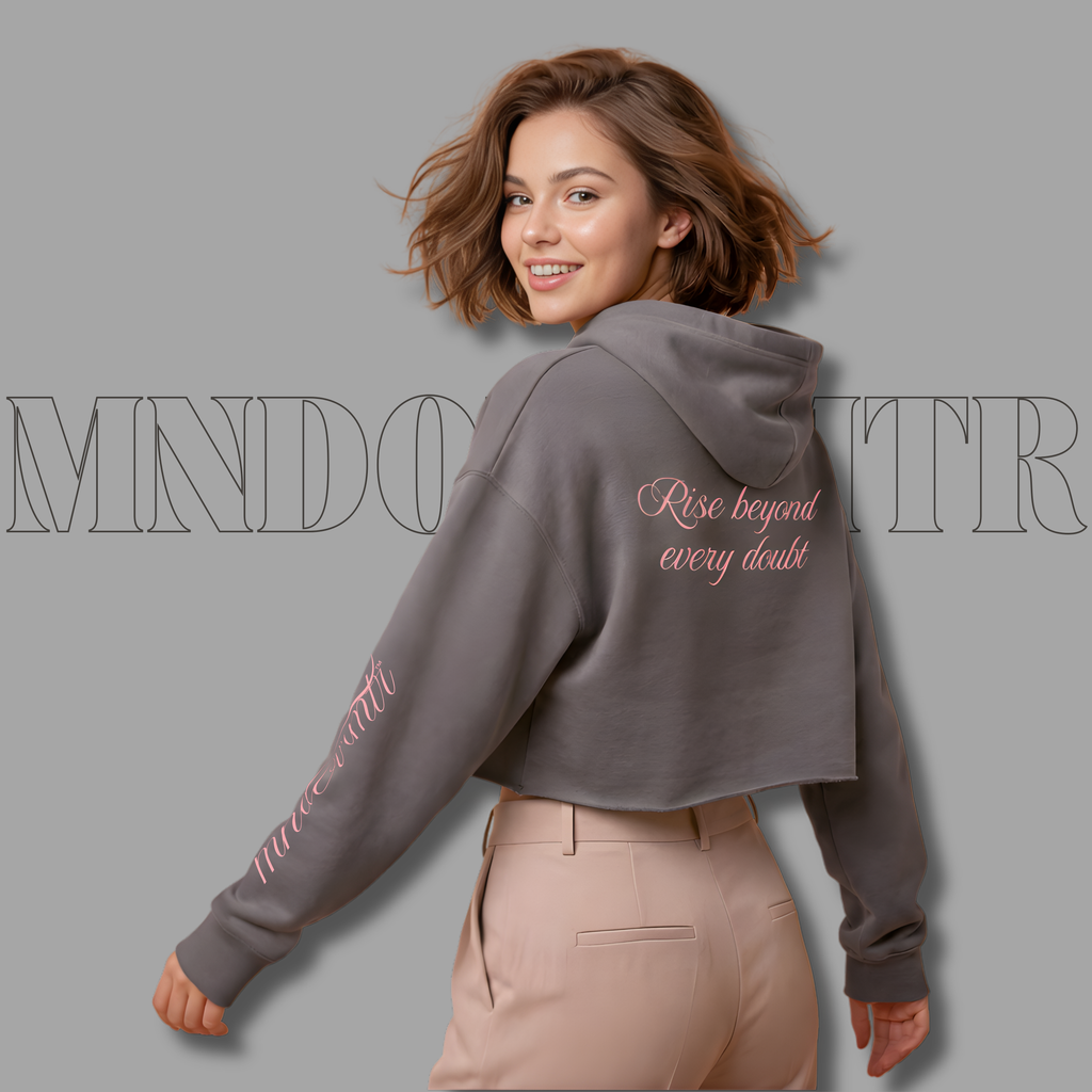 MNDOVRMTR Sexy Crop Hoodie - Mind Over Matter Sleeve Print & Back Quote
