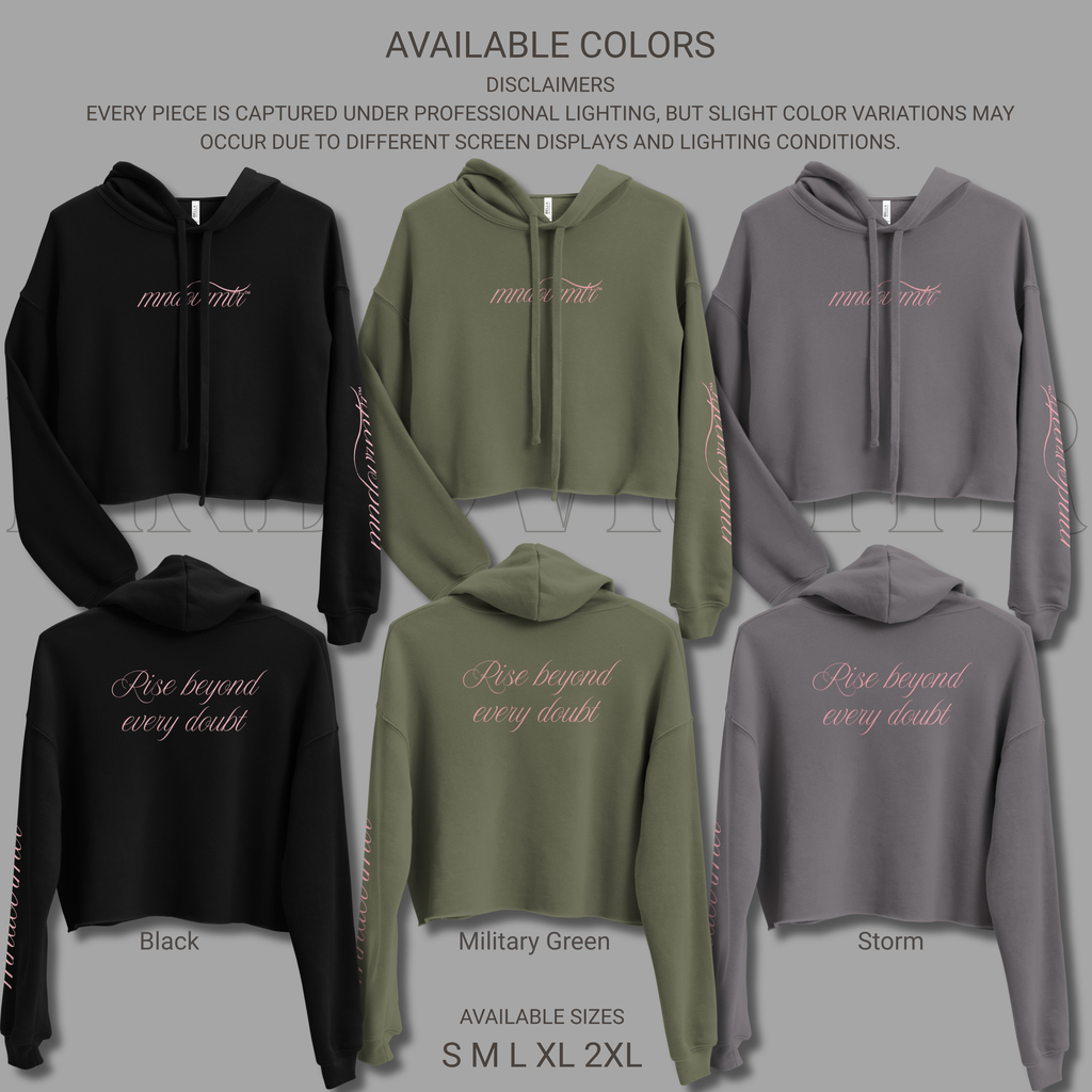 MNDOVRMTR Sexy Crop Hoodie - Mind Over Matter Sleeve Print & Back Quote