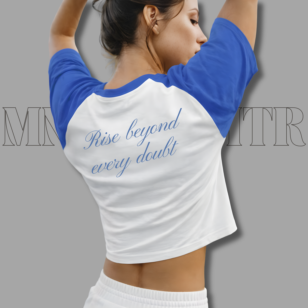 MNDOVRMTR Raglan Crop Top - Rise Beyond Every Doubt Script Tee