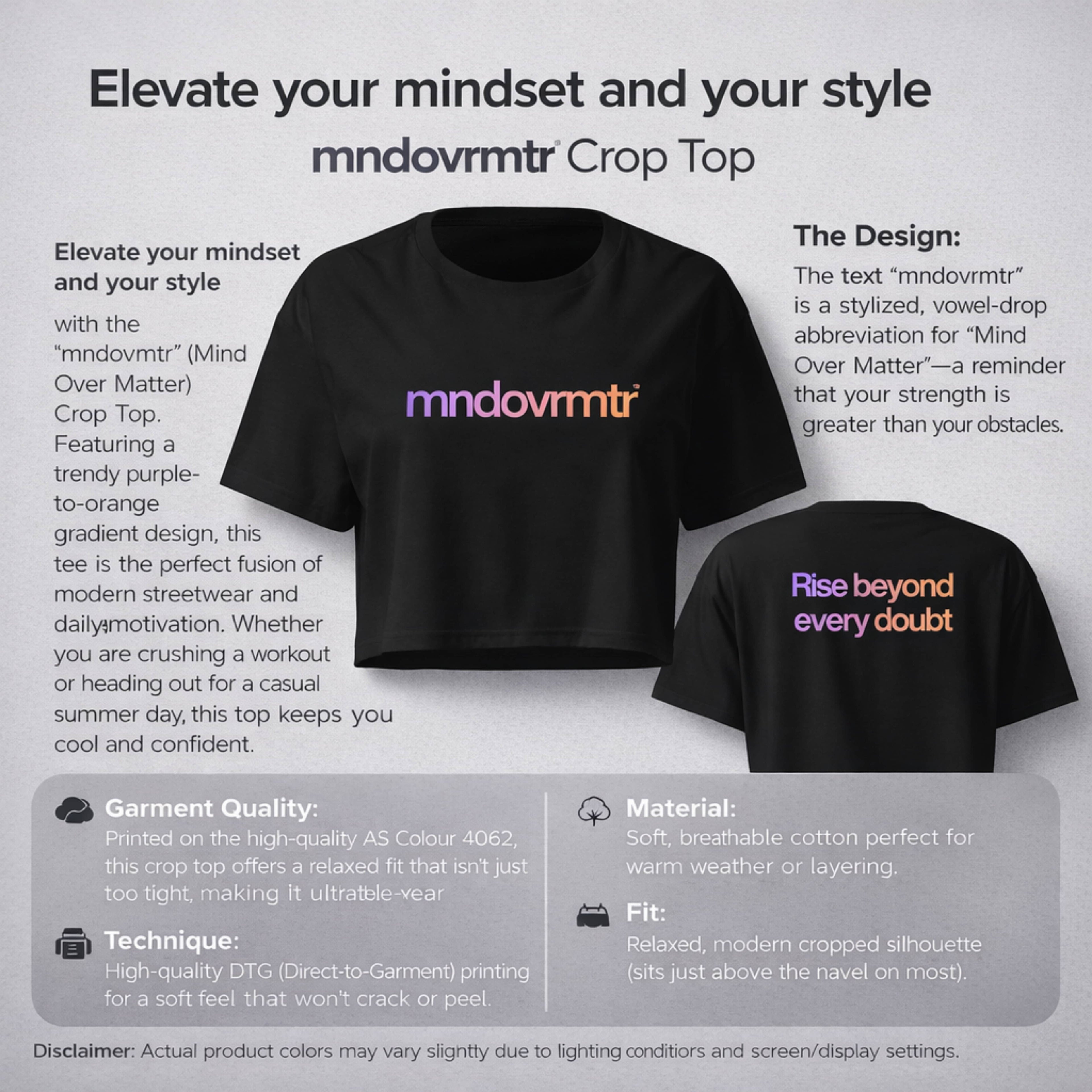 MNDOVRMTR Gradient Crop Tee - Mind Over Matter Motivational Shirt
