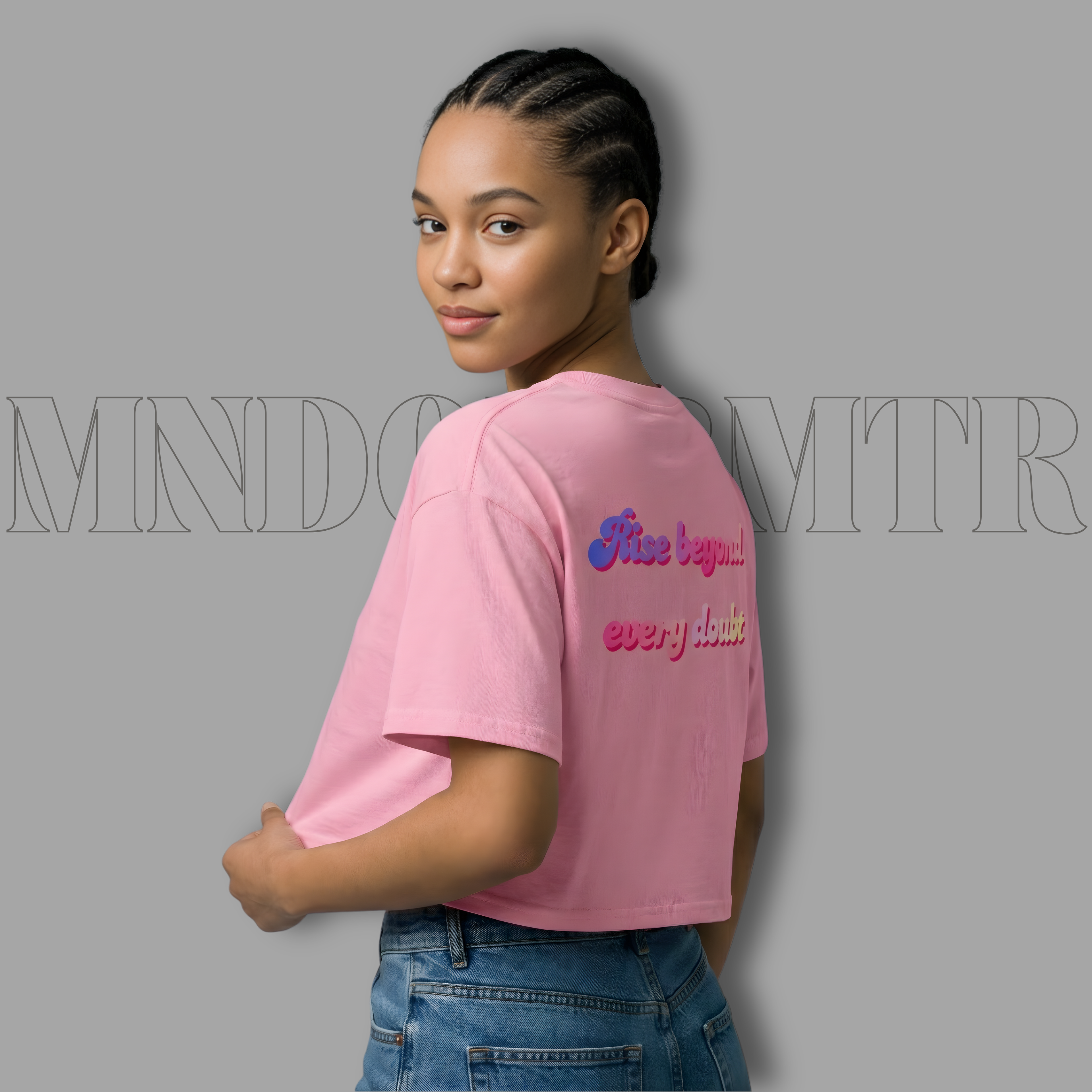 MNDOVRMTR™ crop top in pink - Rise Beyond Every Doubt back print, streetwear crop top