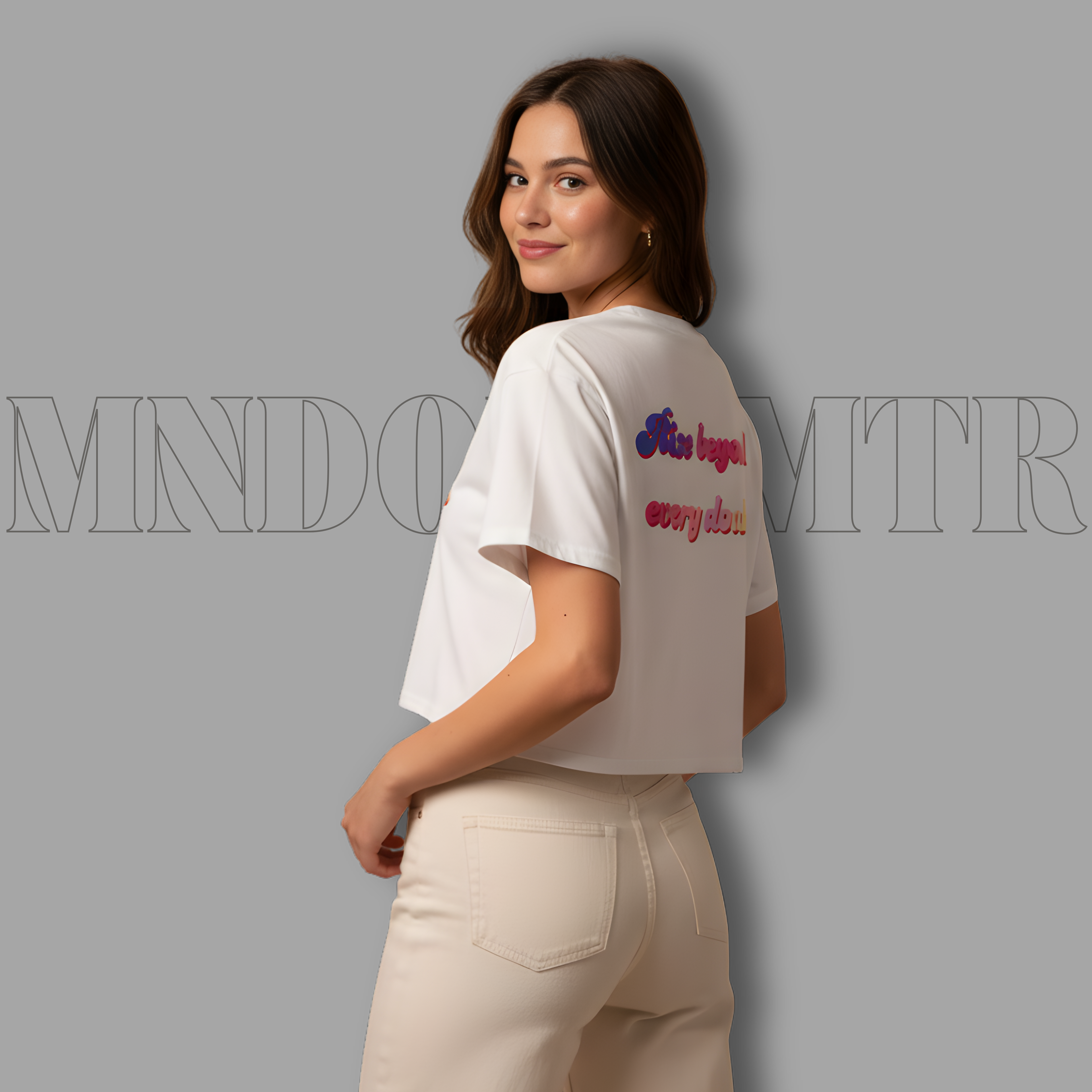 MNDOVRMTR™ crop top in white - Rise Beyond Every Doubt back print, streetwear crop top