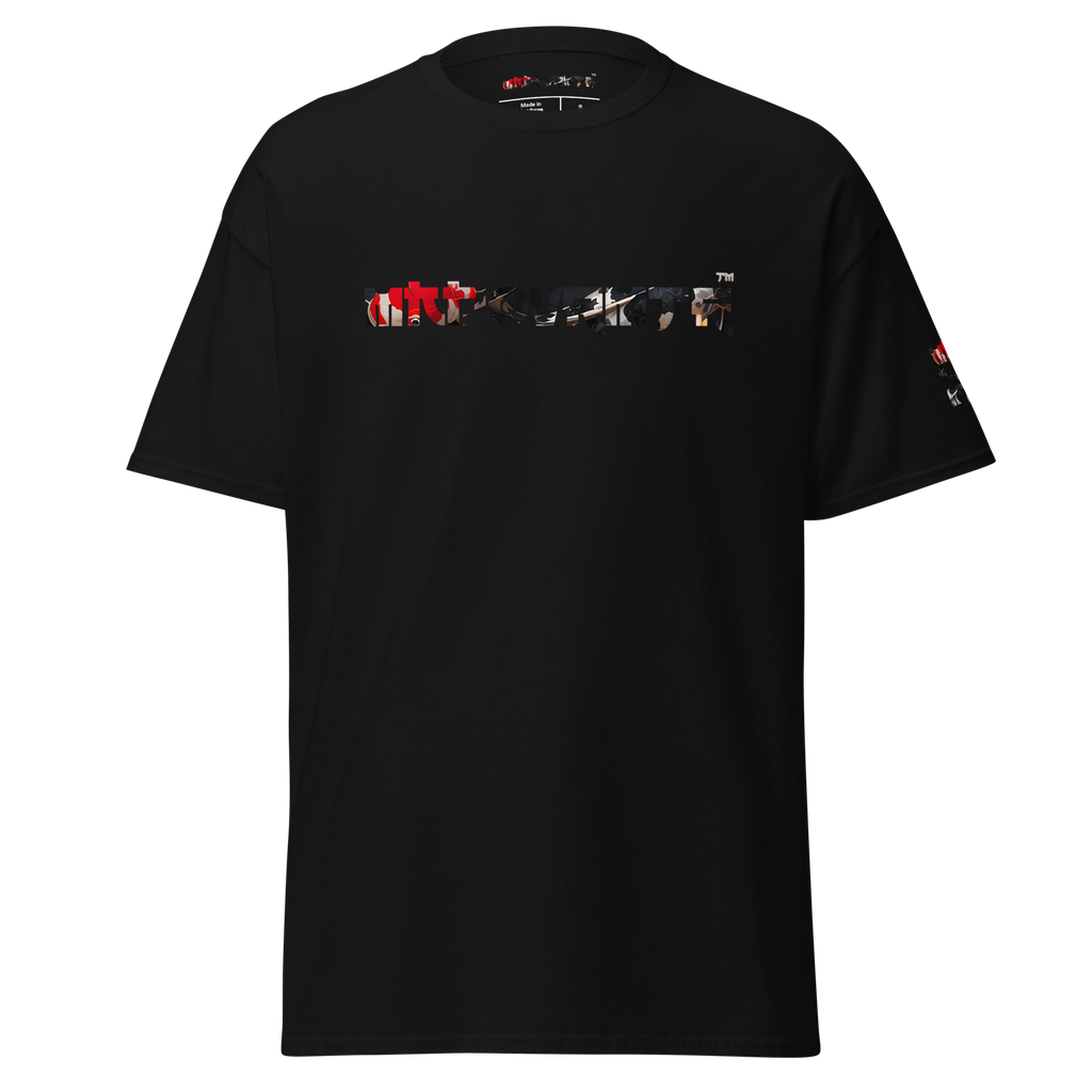 Mndovrmtr koi print tee in black - unisex classic tee, front view