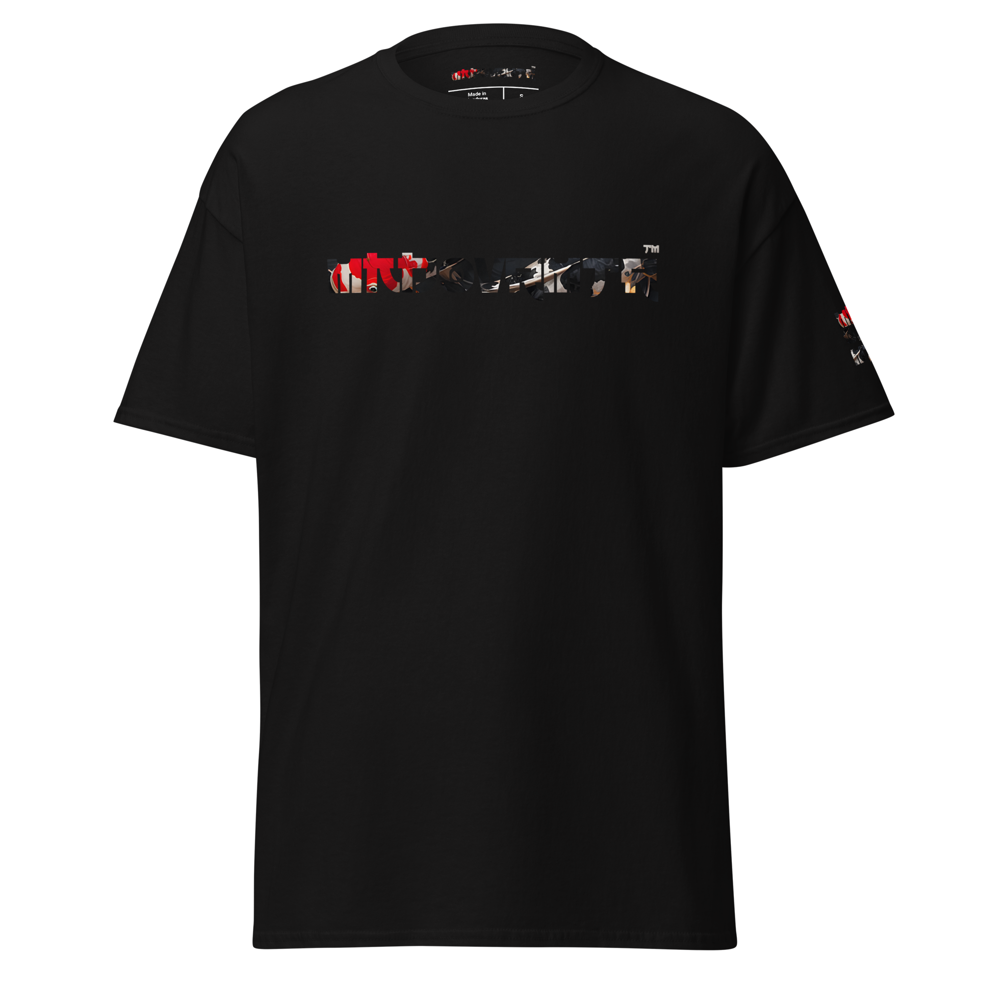 Mndovrmtr koi print tee in black - unisex classic tee, front view