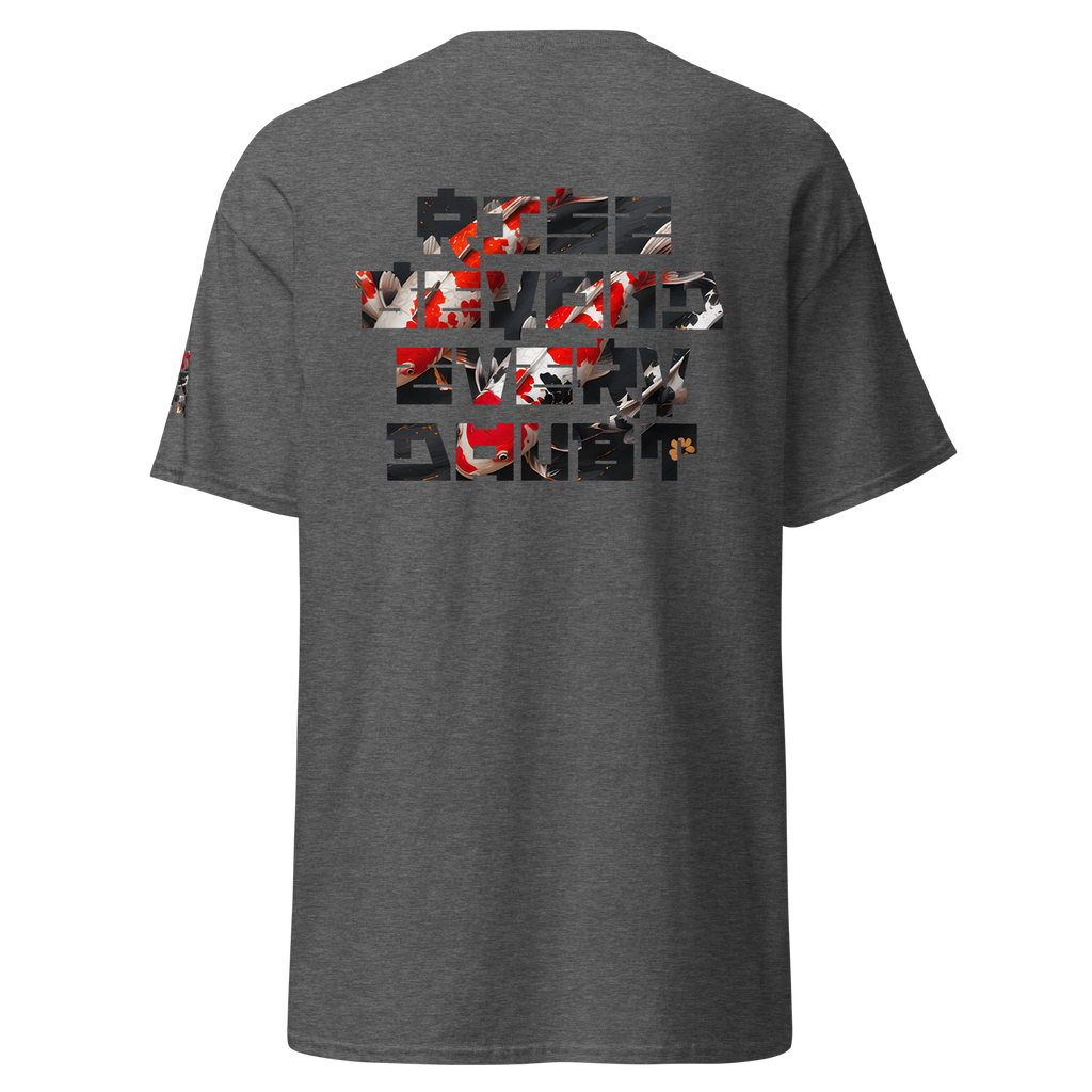 Mndovrmtr koi print tee in dark heather - koi fish back graphic, unisex tee