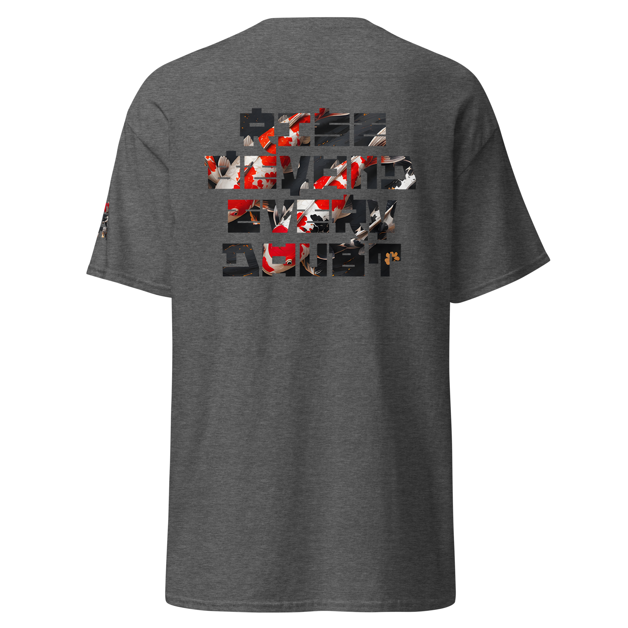 Mndovrmtr koi print tee in dark heather - koi fish back graphic, unisex tee
