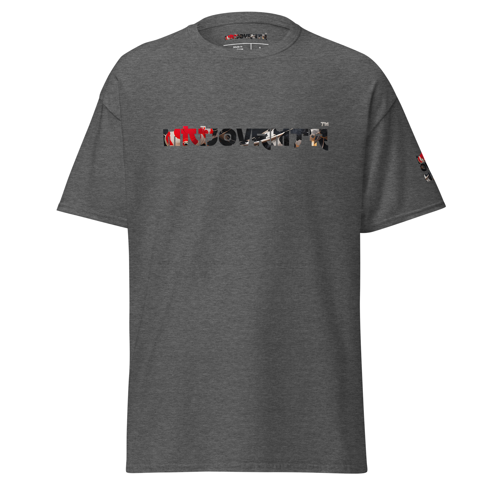 Mndovrmtr koi print tee in dark heather - unisex classic tee, front view