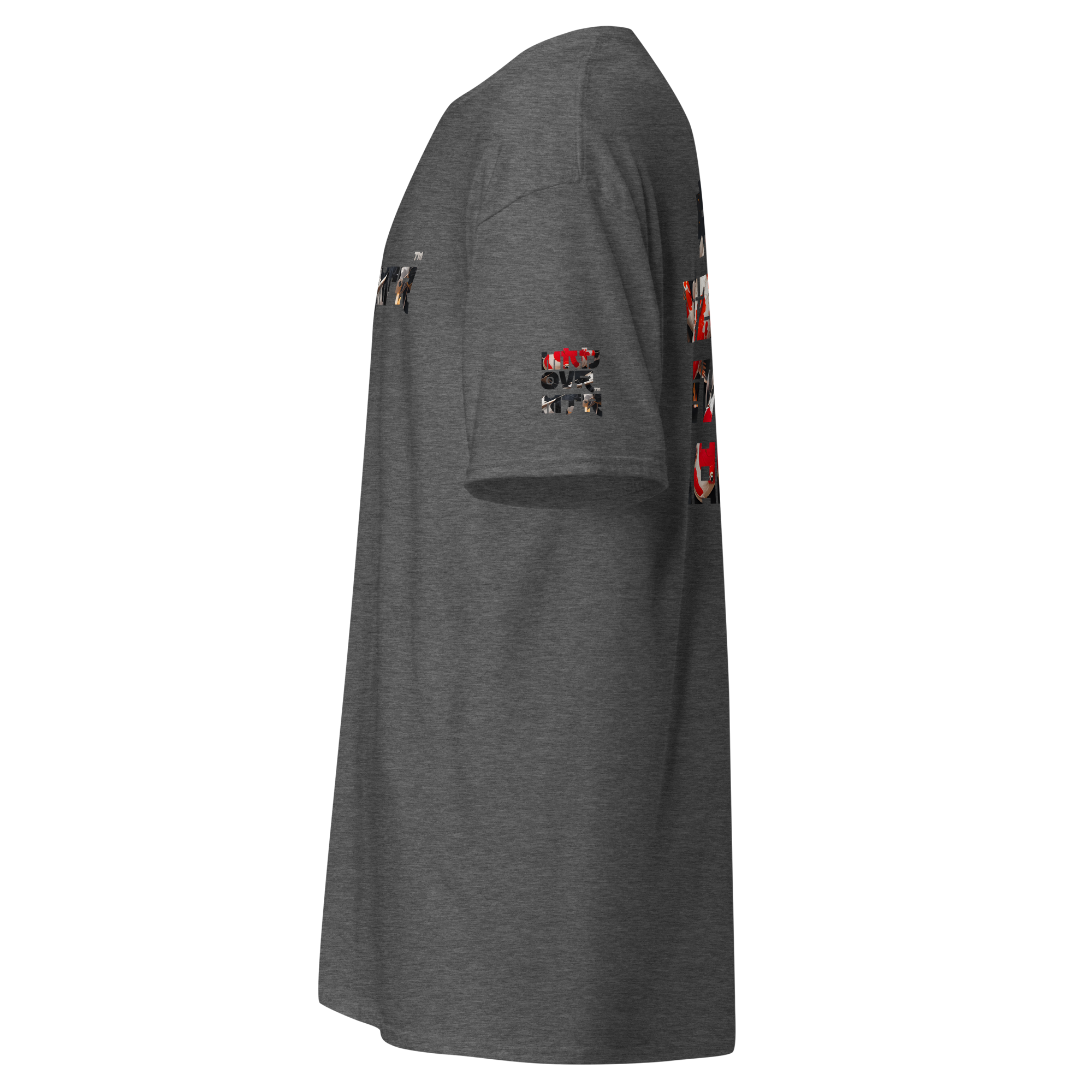 Mndovrmtr koi print tee in dark heather - unisex classic tee, side view