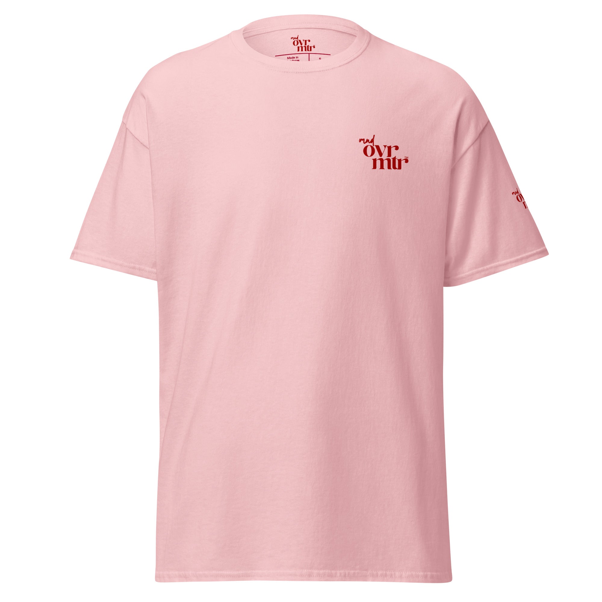 MNDOVRMTR™ stacked logo t-shirt in light pink - unisex classic tee, front view