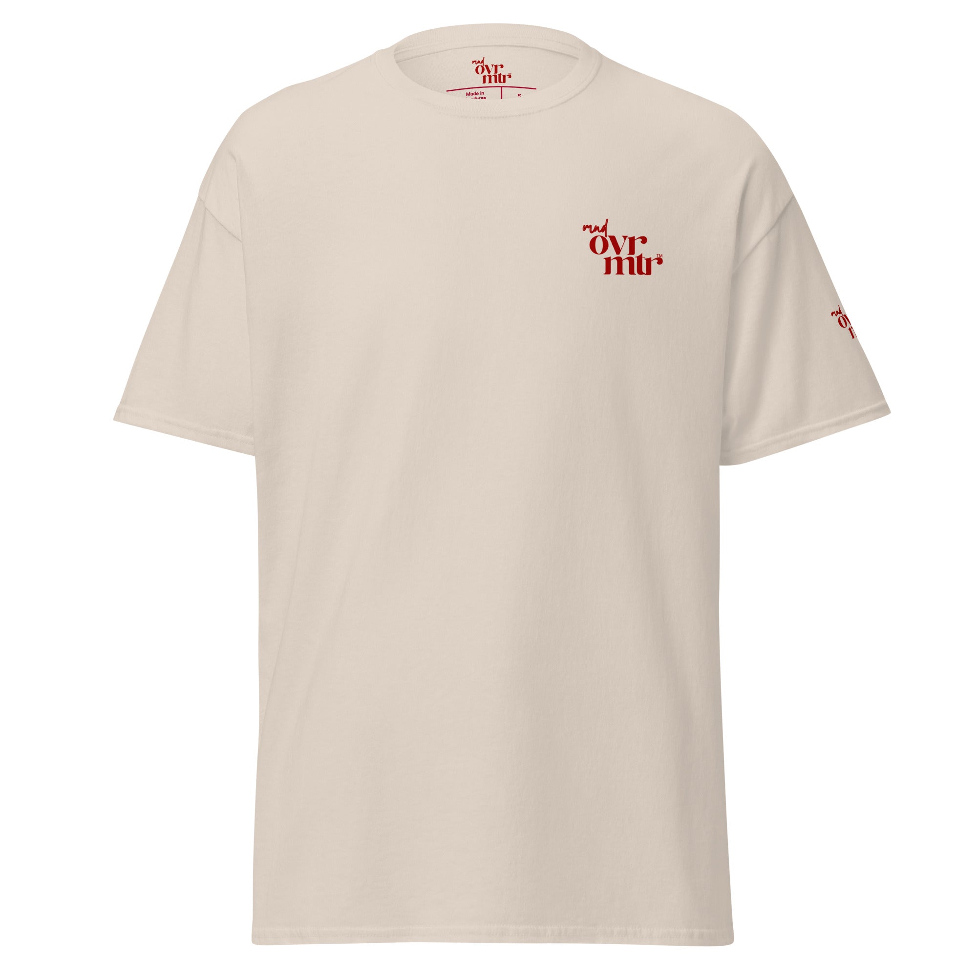 MNDOVRMTR™ stacked logo t-shirt in natural - unisex classic tee, front view