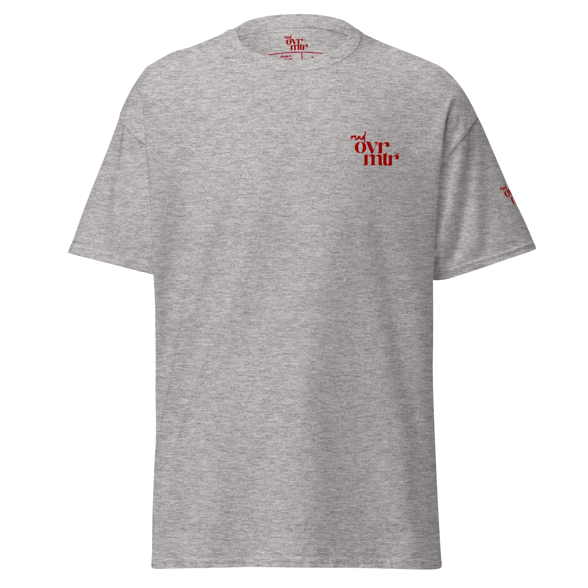 MNDOVRMTR™ stacked logo t-shirt in sport grey - unisex classic tee, front view