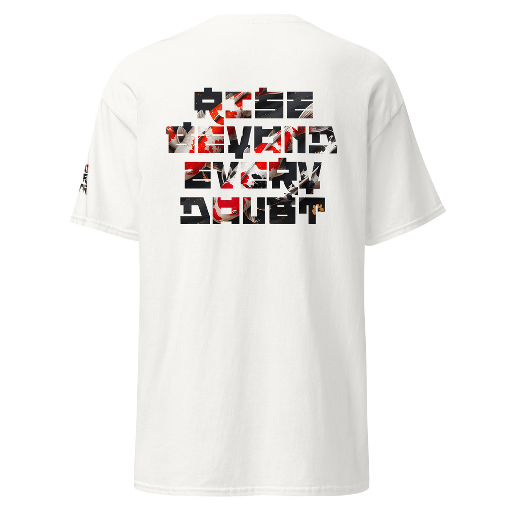 Mndovrmtr koi print tee in white - koi fish back graphic, unisex tee