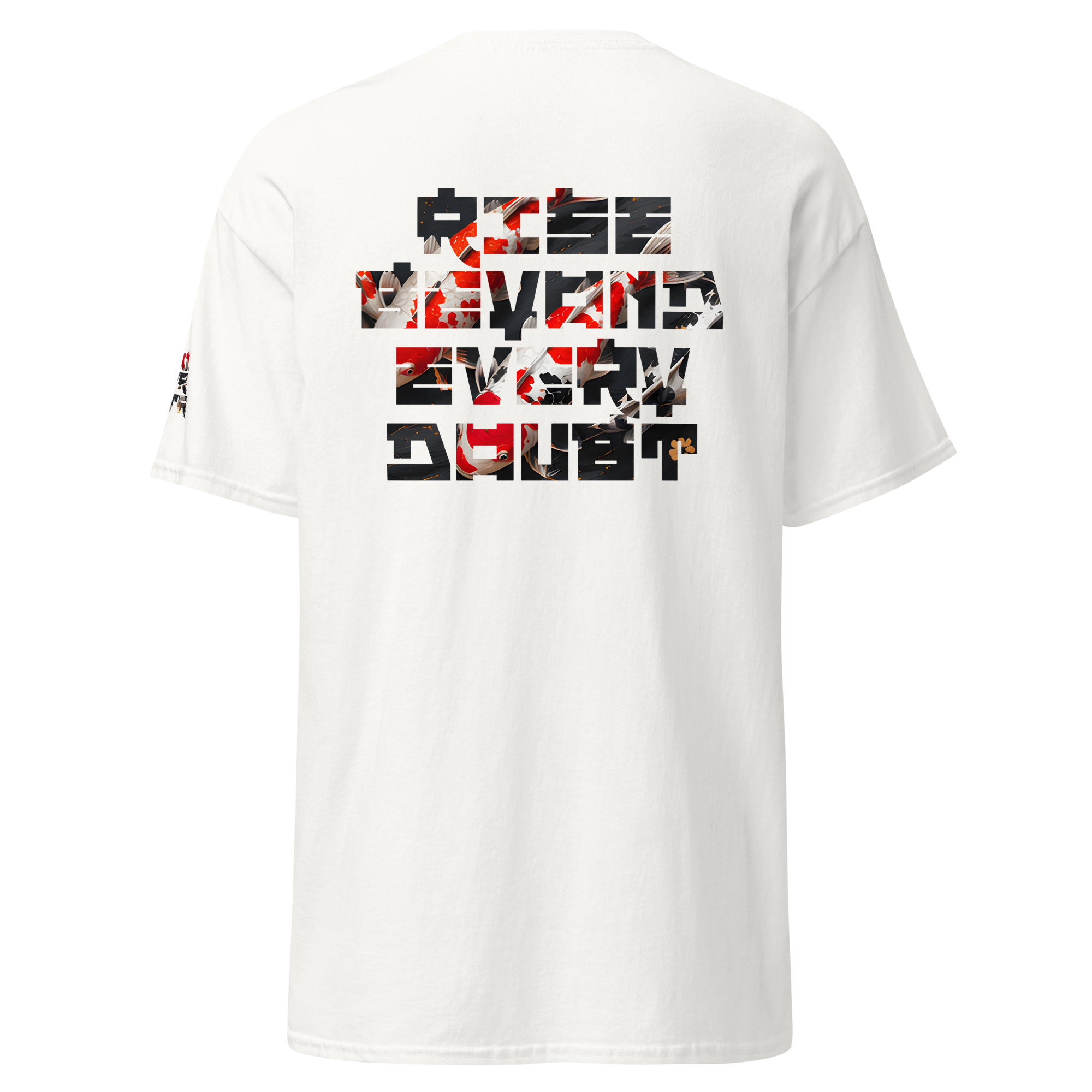 Mndovrmtr koi print tee in white - koi fish back graphic, unisex tee