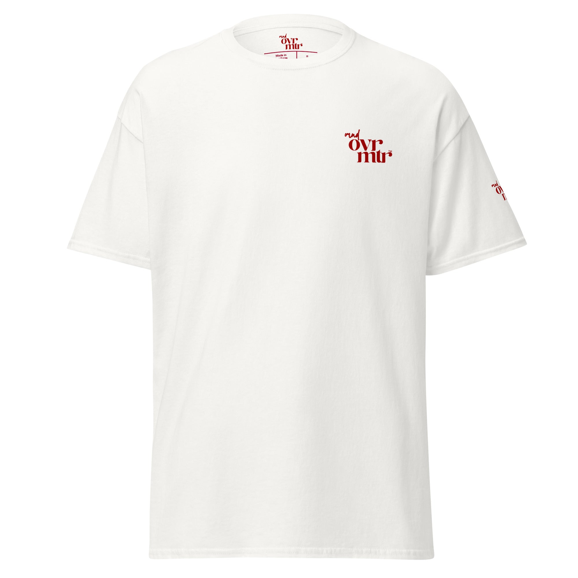 MNDOVRMTR™ stacked logo t-shirt in white - unisex classic tee, front view