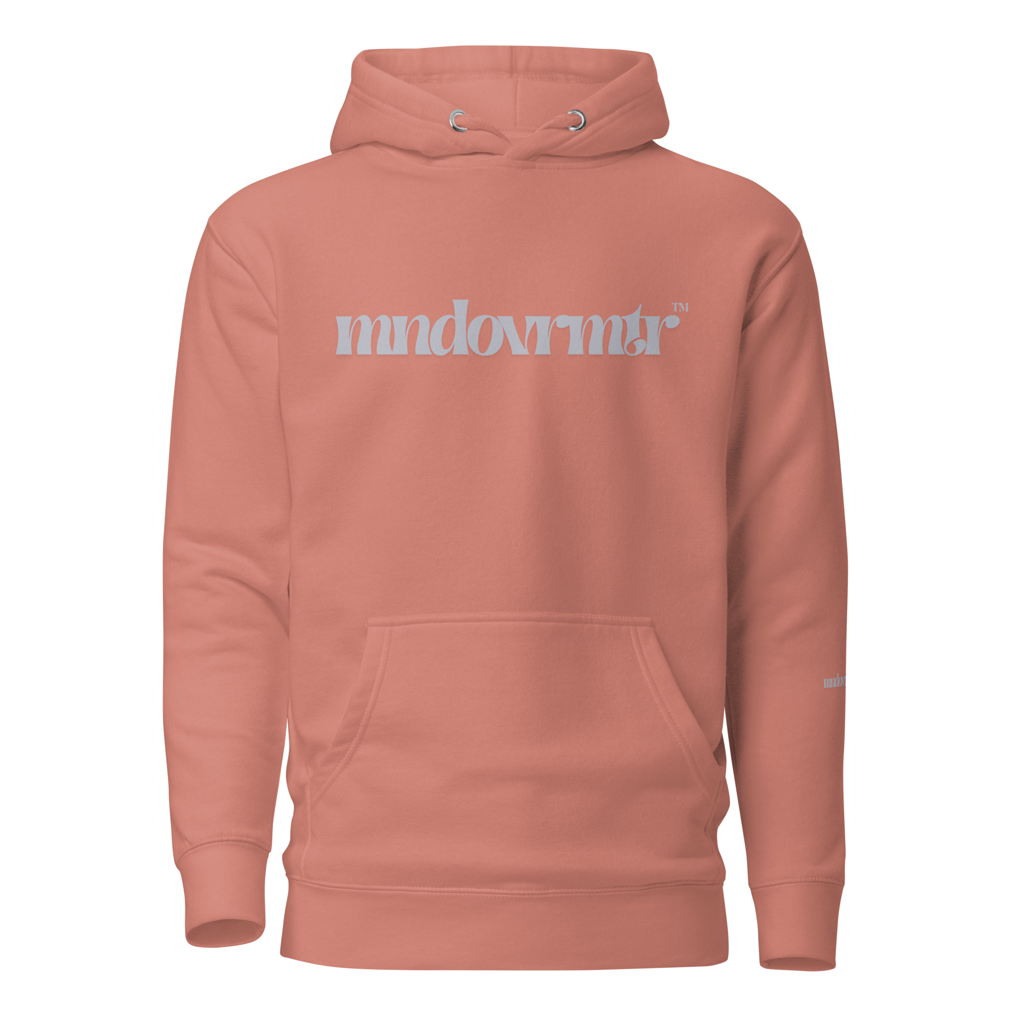 Dusty Rose, oversized, fleece, cotton, with front pocket hoodie and a gray mndovrmtr text across the chest