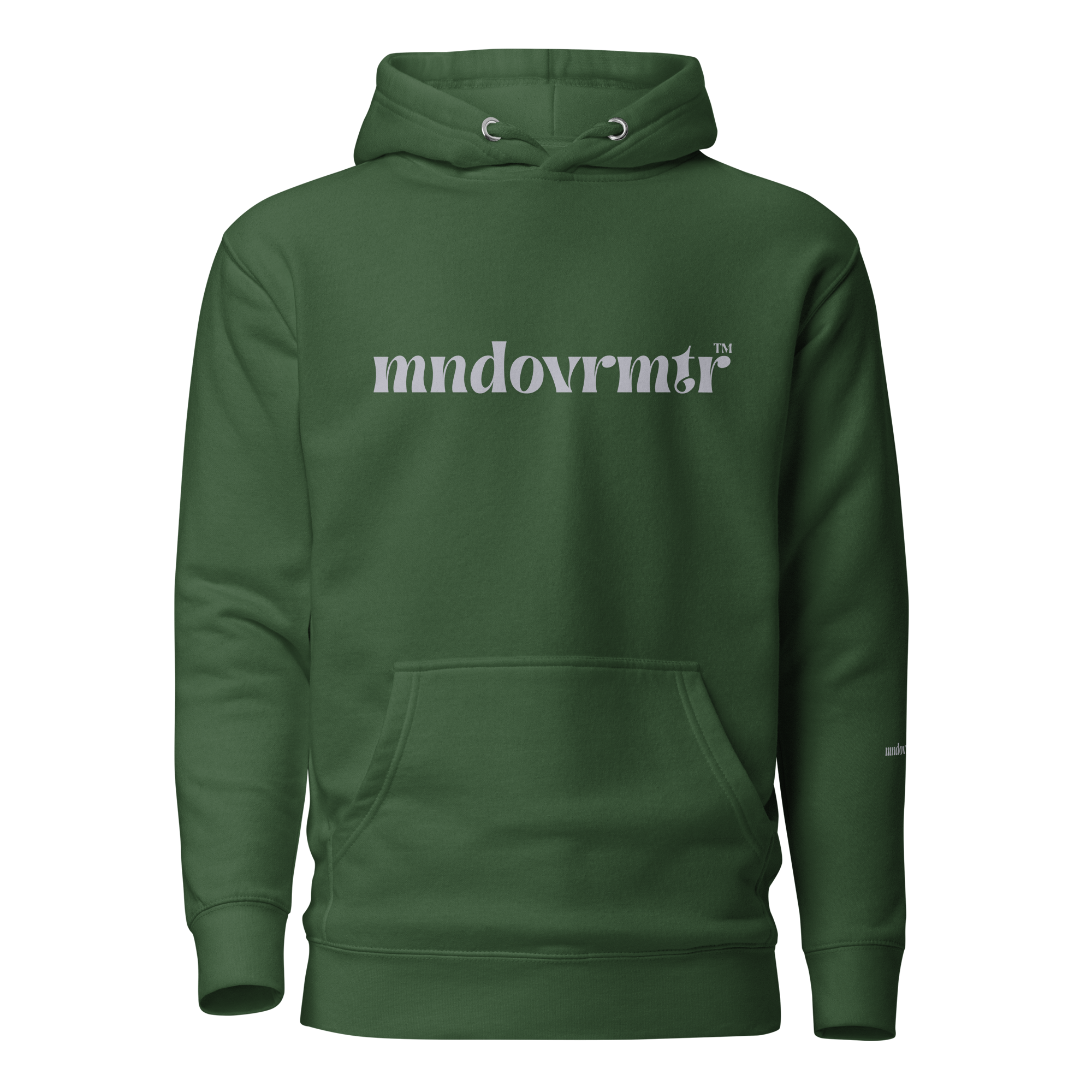Forest green , oversized, fleece, cotton, with front pocket hoodie and a gray mndovrmtr text across the chest