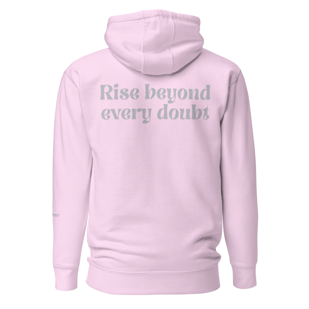 Lavender, oversized, fleece, cotton, with front pocket hoodie and a gray Rise beyond every doubt text across the back