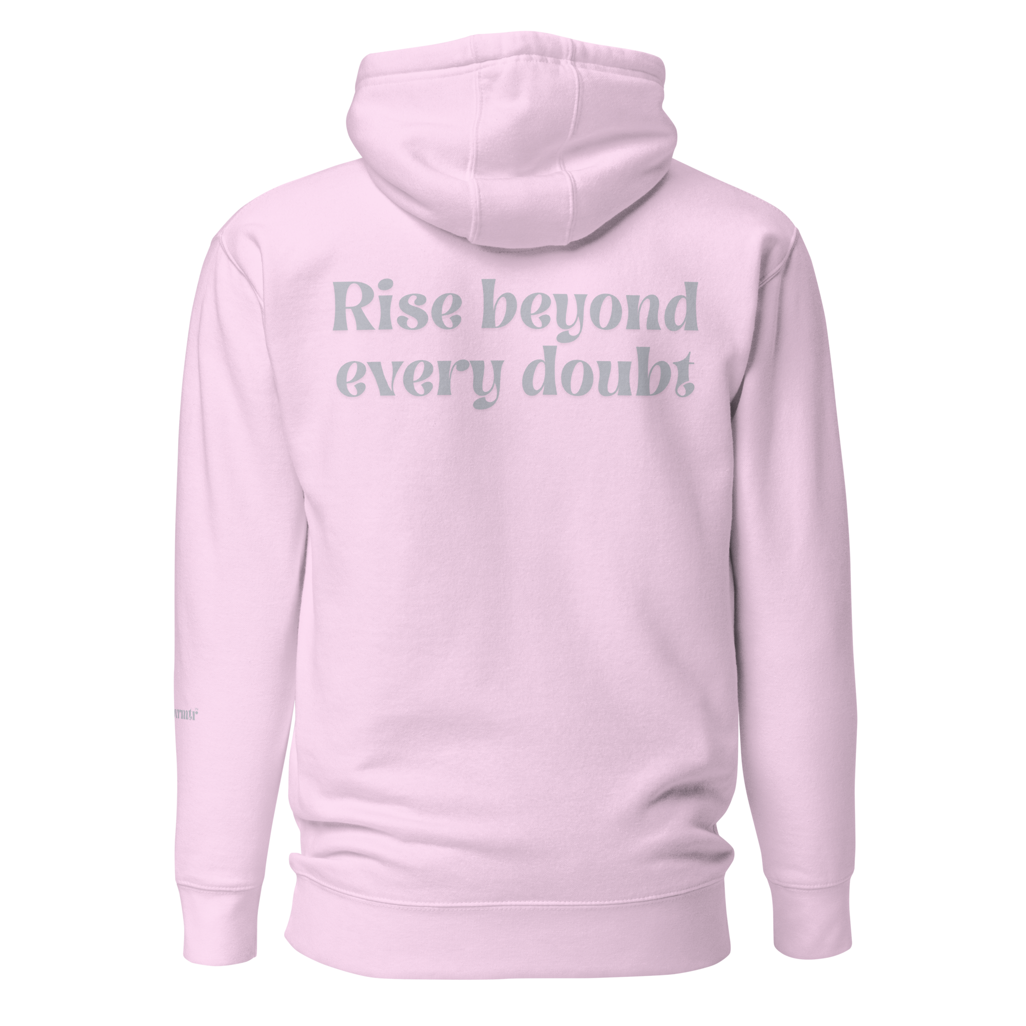 Lavender, oversized, fleece, cotton, with front pocket hoodie and a gray Rise beyond every doubt text across the back