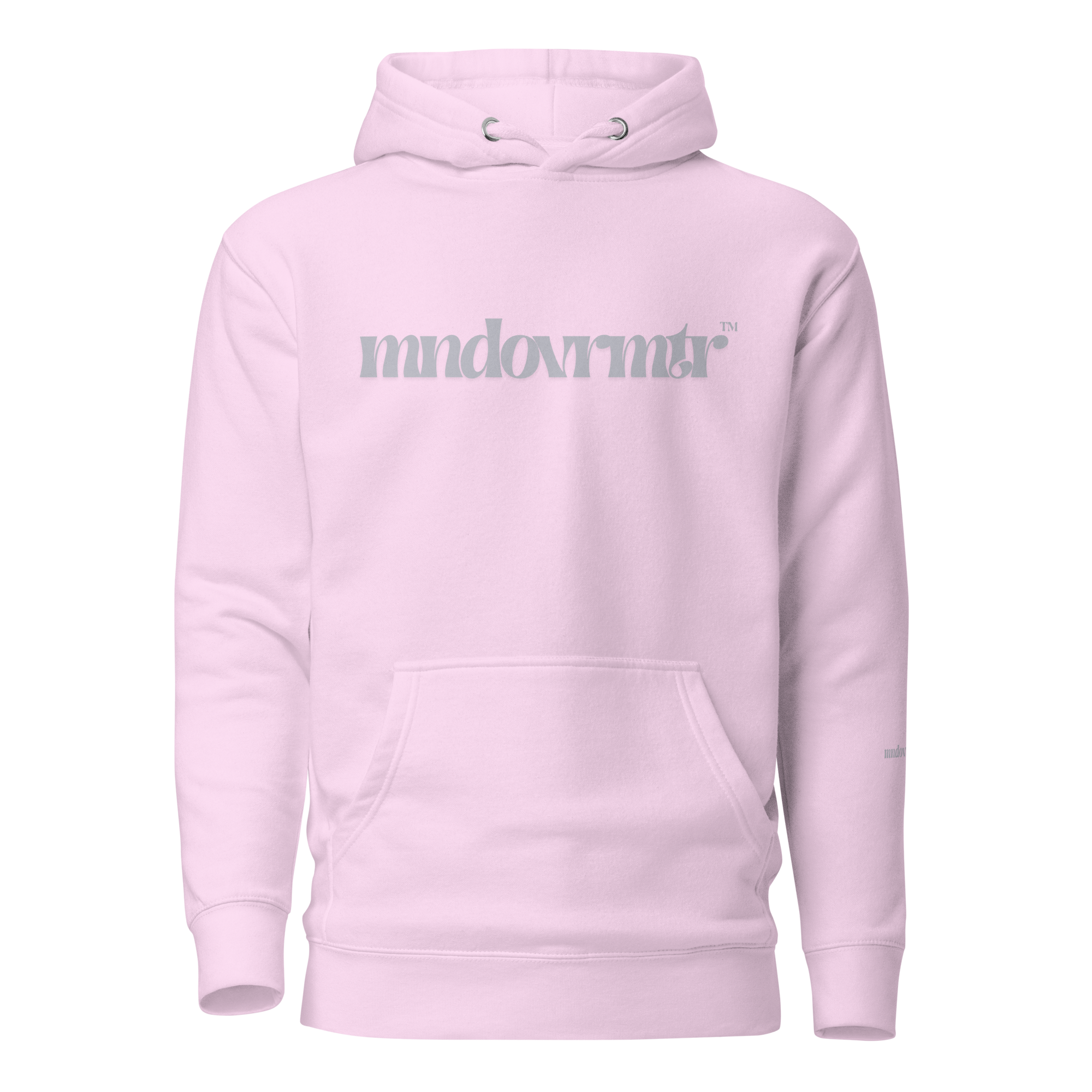 Lavender, oversized, fleece, cotton, with front pocket hoodie and a gray mndovrmtr text across the chest