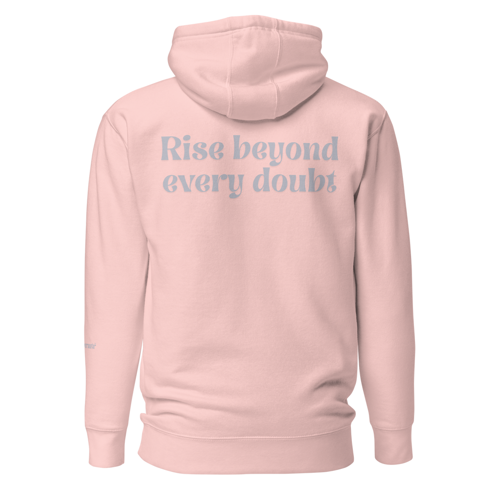 Light Pink, oversized, fleece, cotton, with front pocket hoodie and a gray Rise beyond every doubt text across the back