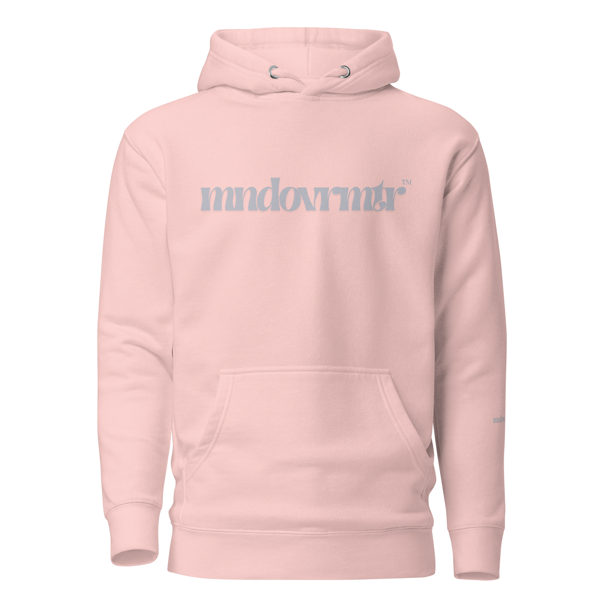 Light pink, oversized, fleece, cotton, with front pocket hoodie and a gray mndovrmtr text across the chest