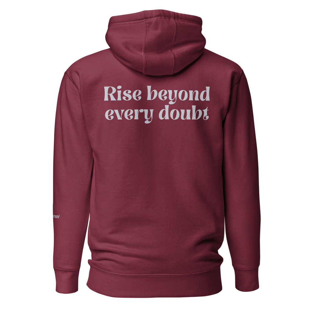 Maroon, oversized, fleece, cotton, with front pocket hoodie and a gray Rise beyond every doubt text across the back