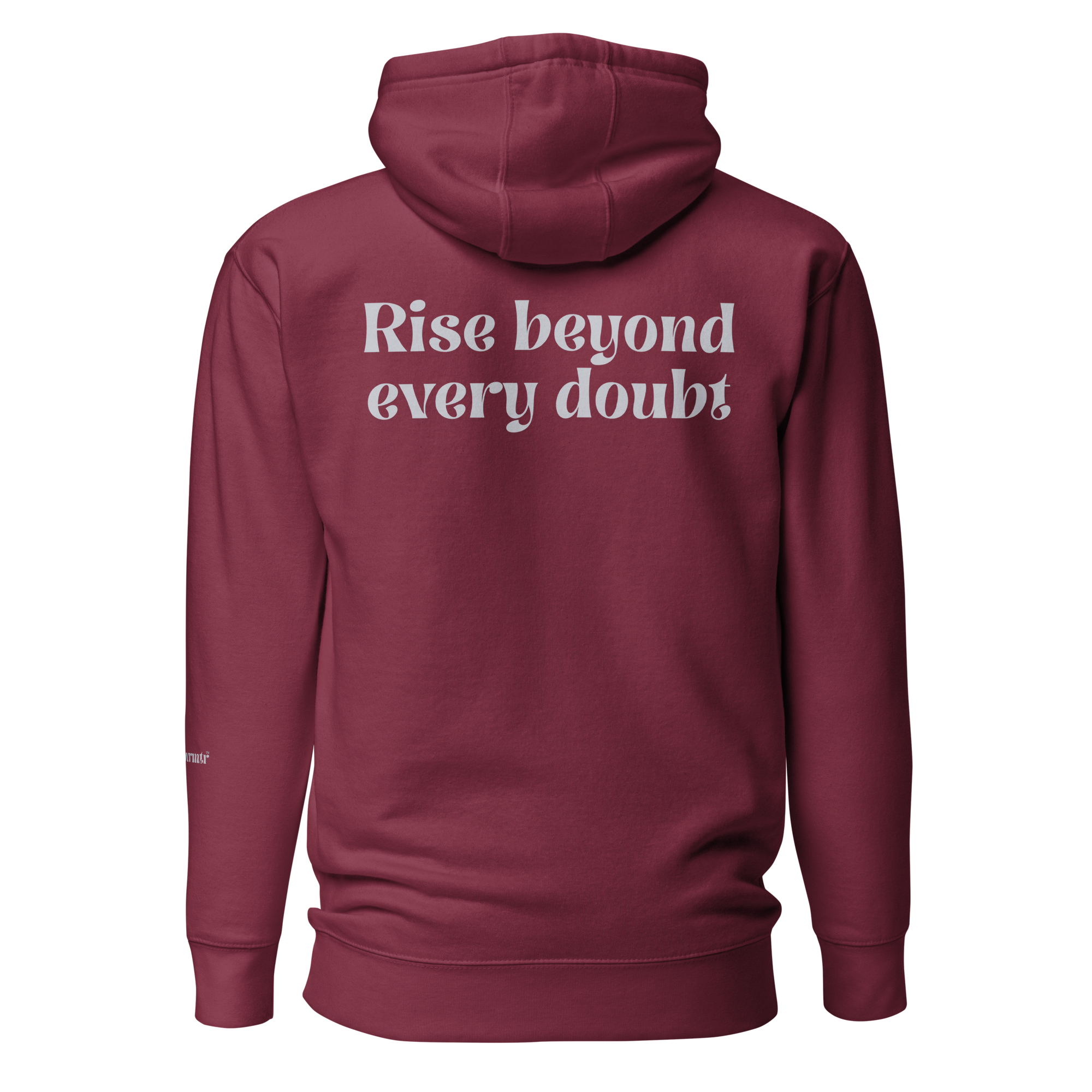 Maroon, oversized, fleece, cotton, with front pocket hoodie and a gray Rise beyond every doubt text across the back