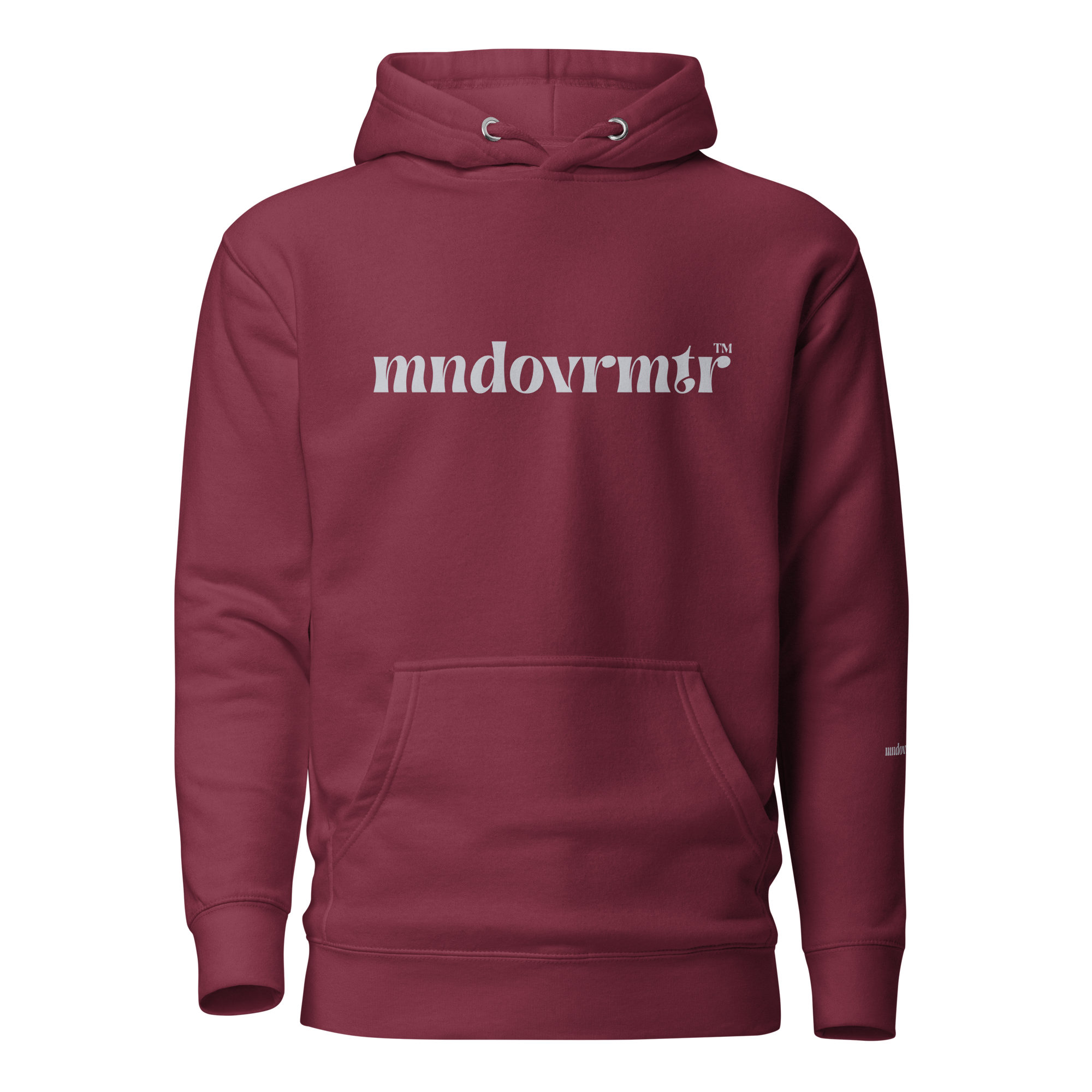 Maroon, oversized, fleece, cotton, with front pocket hoodie and a gray mndovrmtr text across the chest